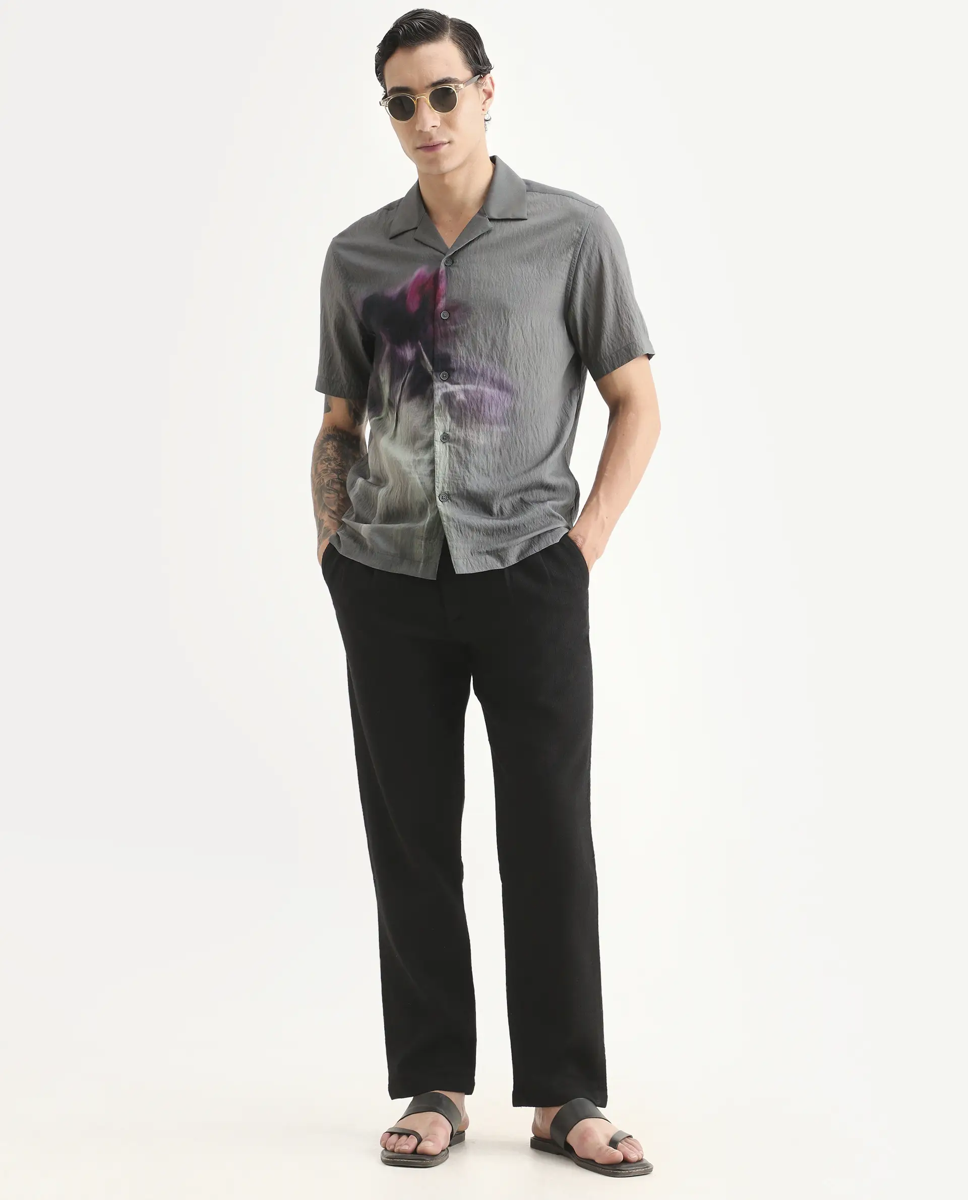 Rare Rabbit Men's Orla Grey Viscose Blend Fabric Half Sleeve Cuban Collar Regular Fit Floral Print Shirt - Image 2