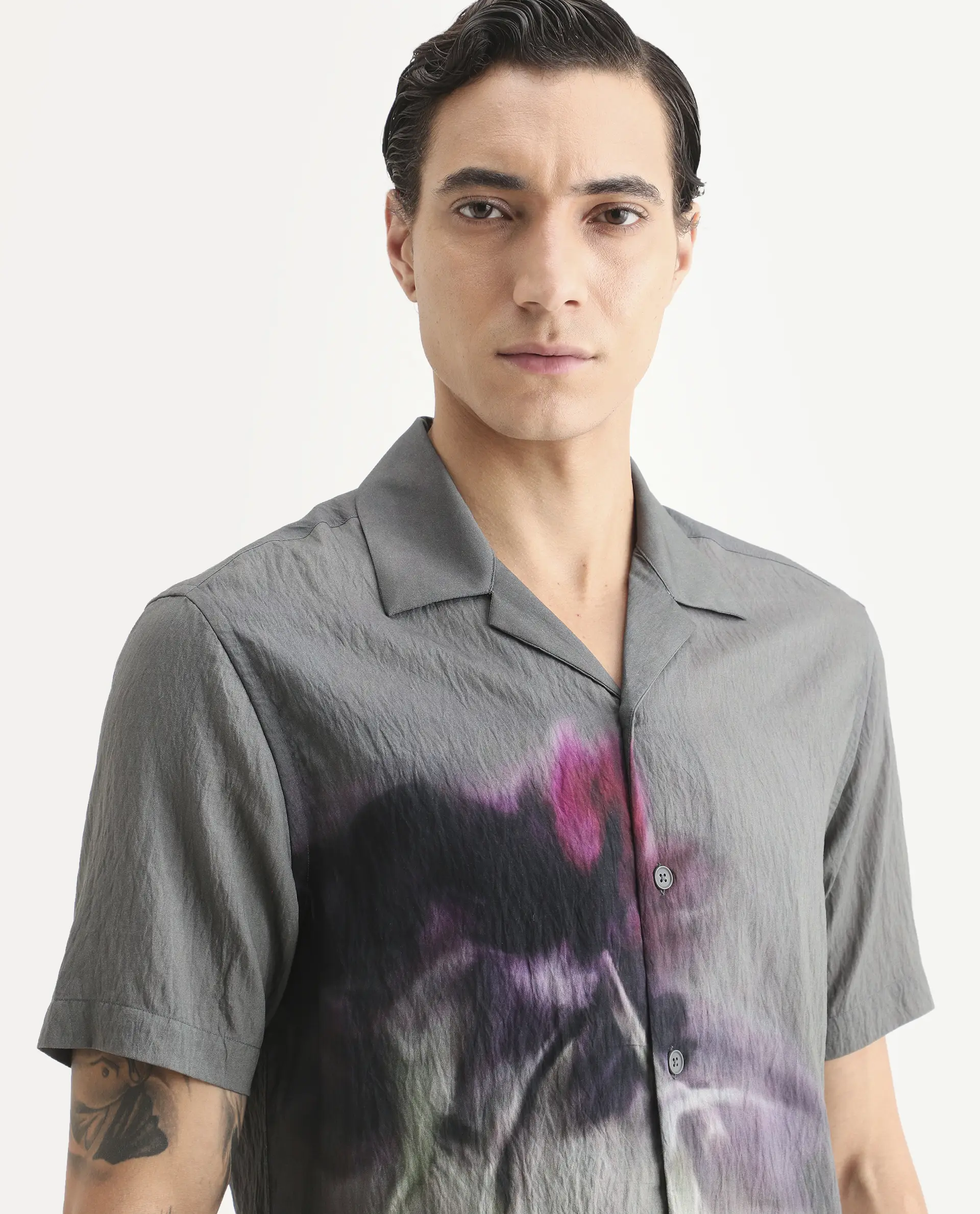 Rare Rabbit Men's Orla Grey Viscose Blend Fabric Half Sleeve Cuban Collar Regular Fit Floral Print Shirt - Image 3