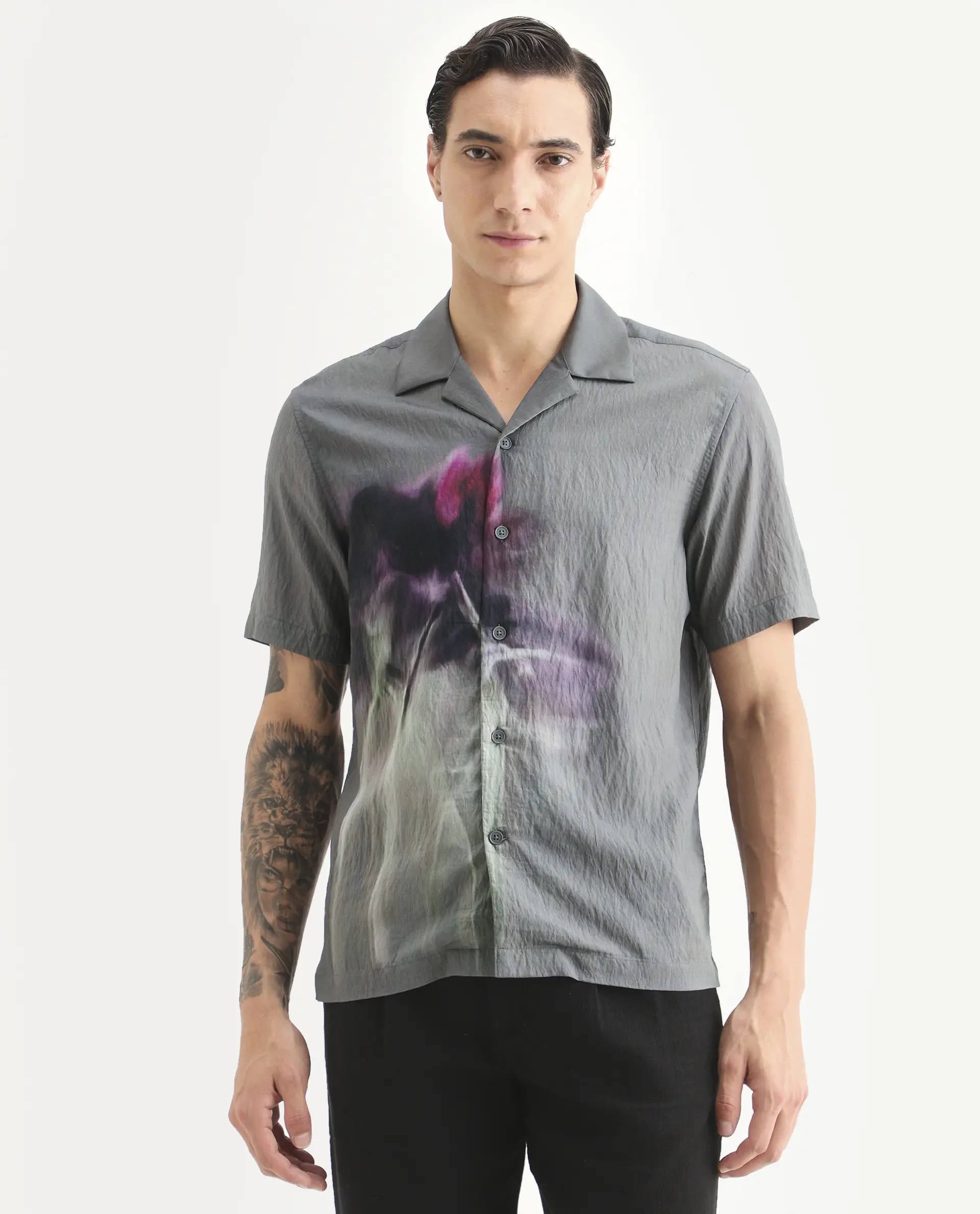 Rare Rabbit Men's Orla Grey Viscose Blend Fabric Half Sleeve Cuban Collar Regular Fit Floral Print Shirt - Image 4