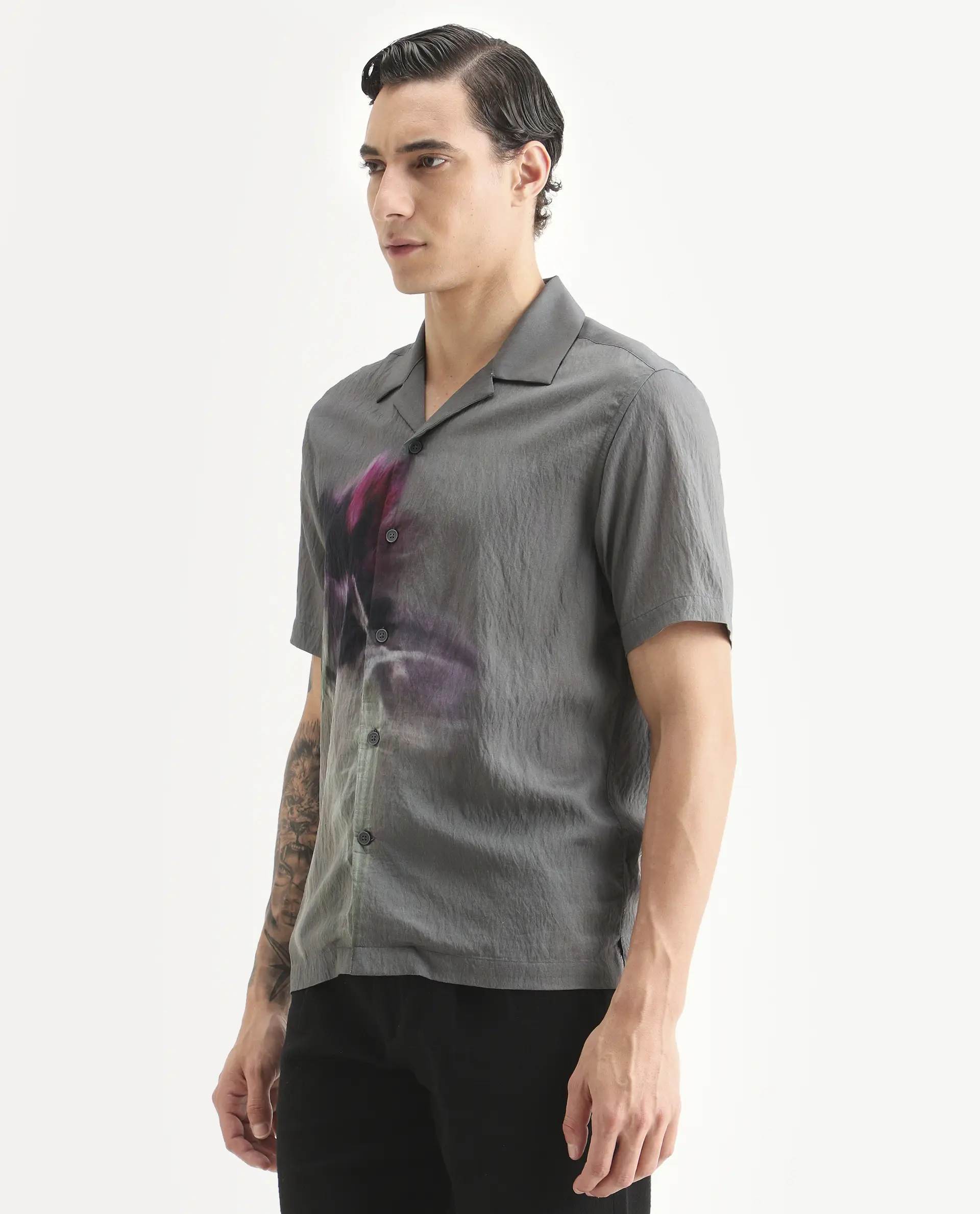 Rare Rabbit Men's Orla Grey Viscose Blend Fabric Half Sleeve Cuban Collar Regular Fit Floral Print Shirt - Image 5