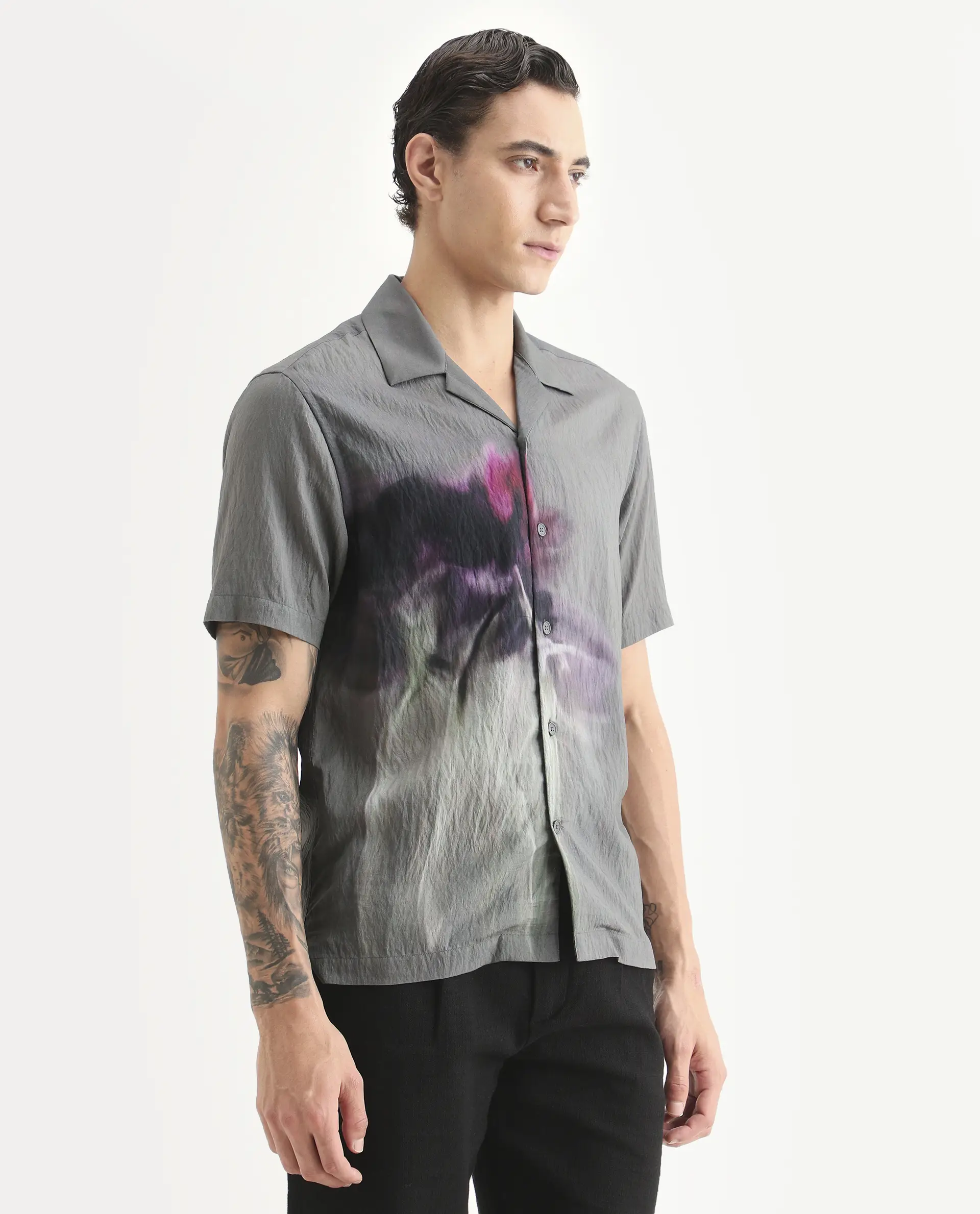 Rare Rabbit Men's Orla Grey Viscose Blend Fabric Half Sleeve Cuban Collar Regular Fit Floral Print Shirt - Image 6