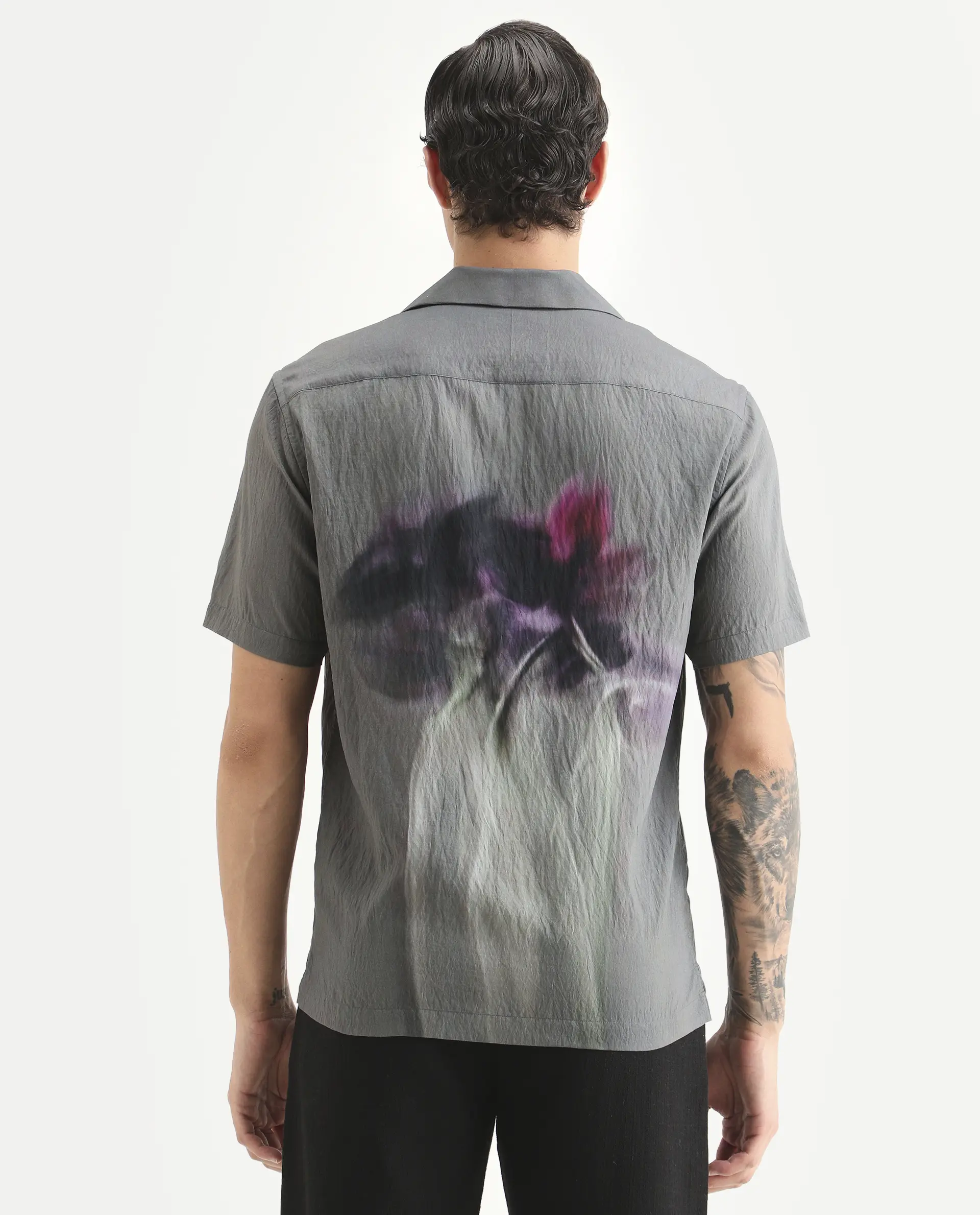 Rare Rabbit Men's Orla Grey Viscose Blend Fabric Half Sleeve Cuban Collar Regular Fit Floral Print Shirt - Image 7