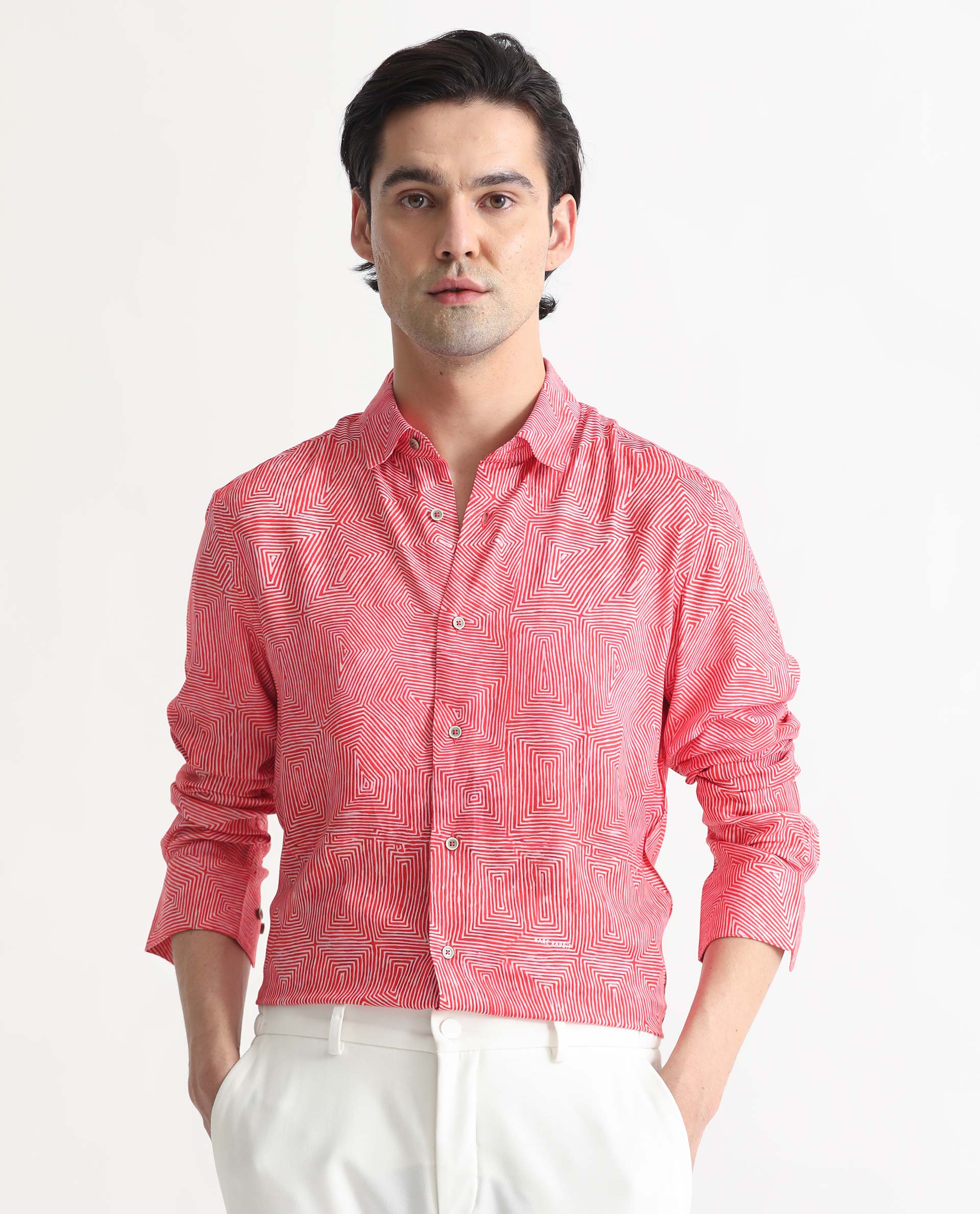 Rare Rabbit Men's Orlean Red Cotton Abstract Print Regular Fit Full Sleeve Collared Shirt - Image 3
