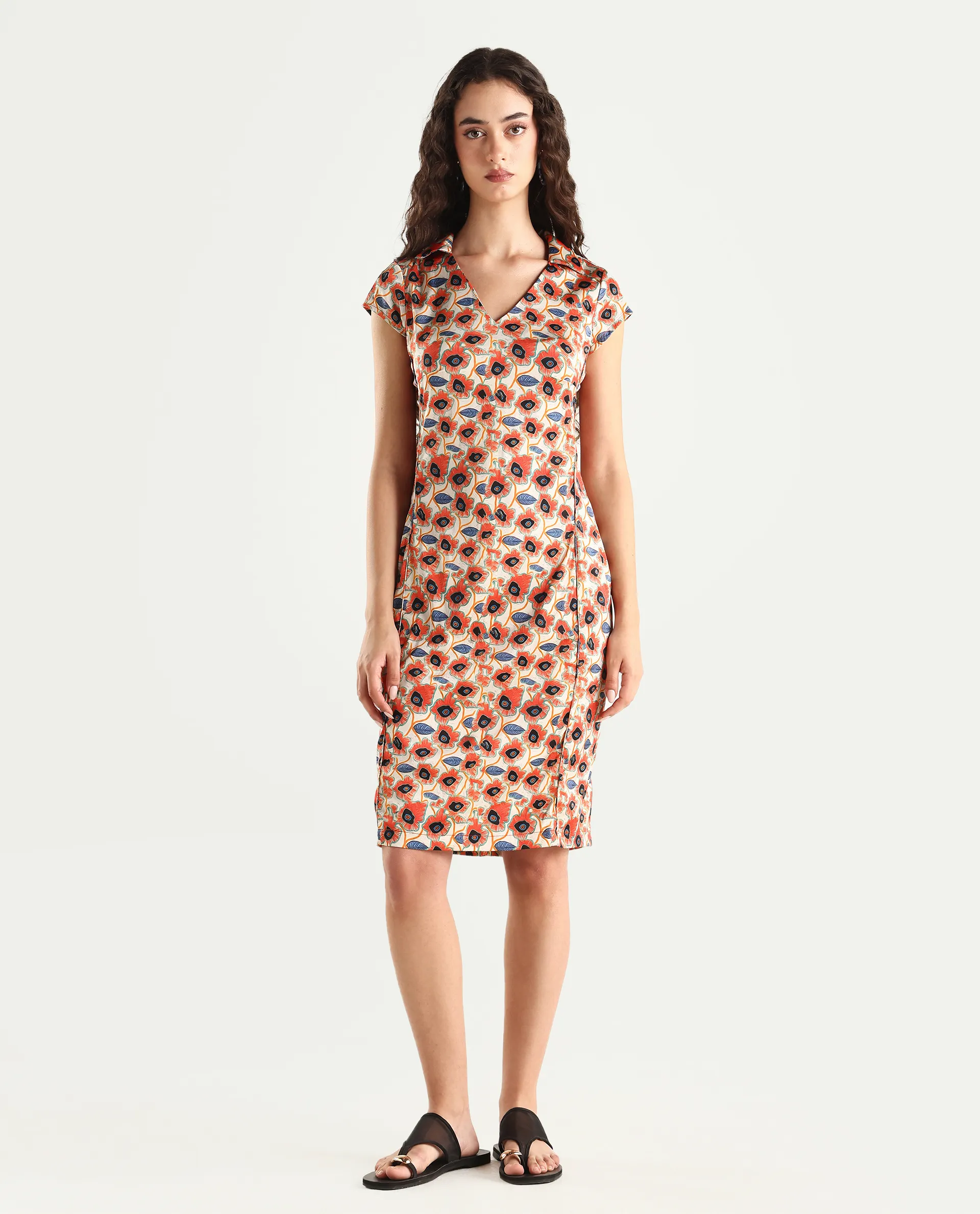 Rareism Women's Orleans Beige V-Neck Abstract Print Extended Sleeves Knee Length Regular Fit Dress - Image 2