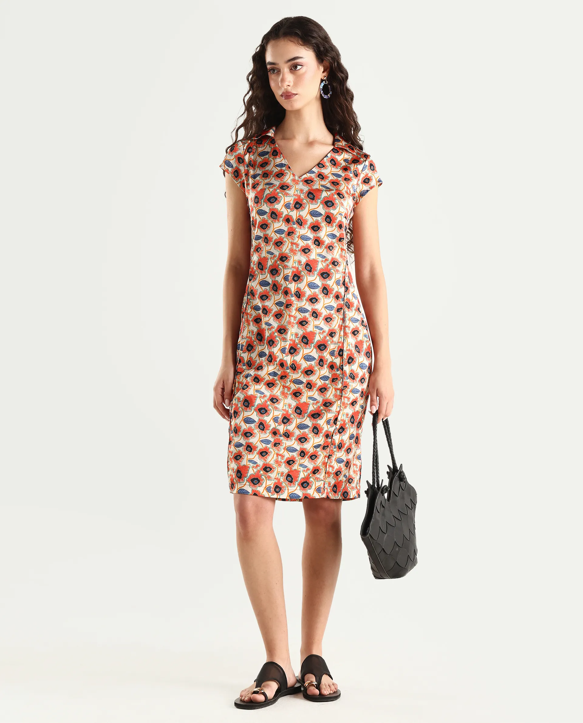 Rareism Women's Orleans Beige V-Neck Abstract Print Extended Sleeves Knee Length Regular Fit Dress - Image 4