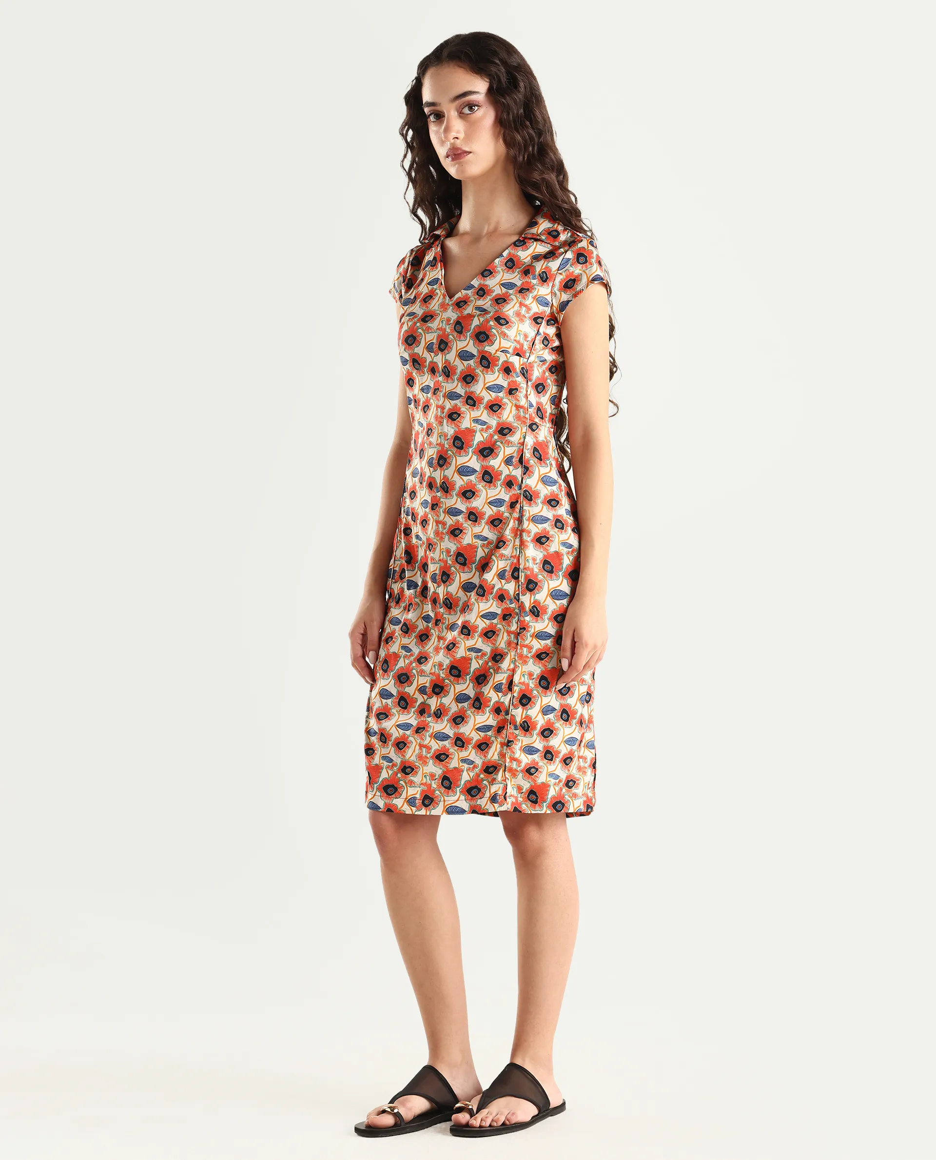 Rareism Women's Orleans Beige V-Neck Abstract Print Extended Sleeves Knee Length Regular Fit Dress - Image 5