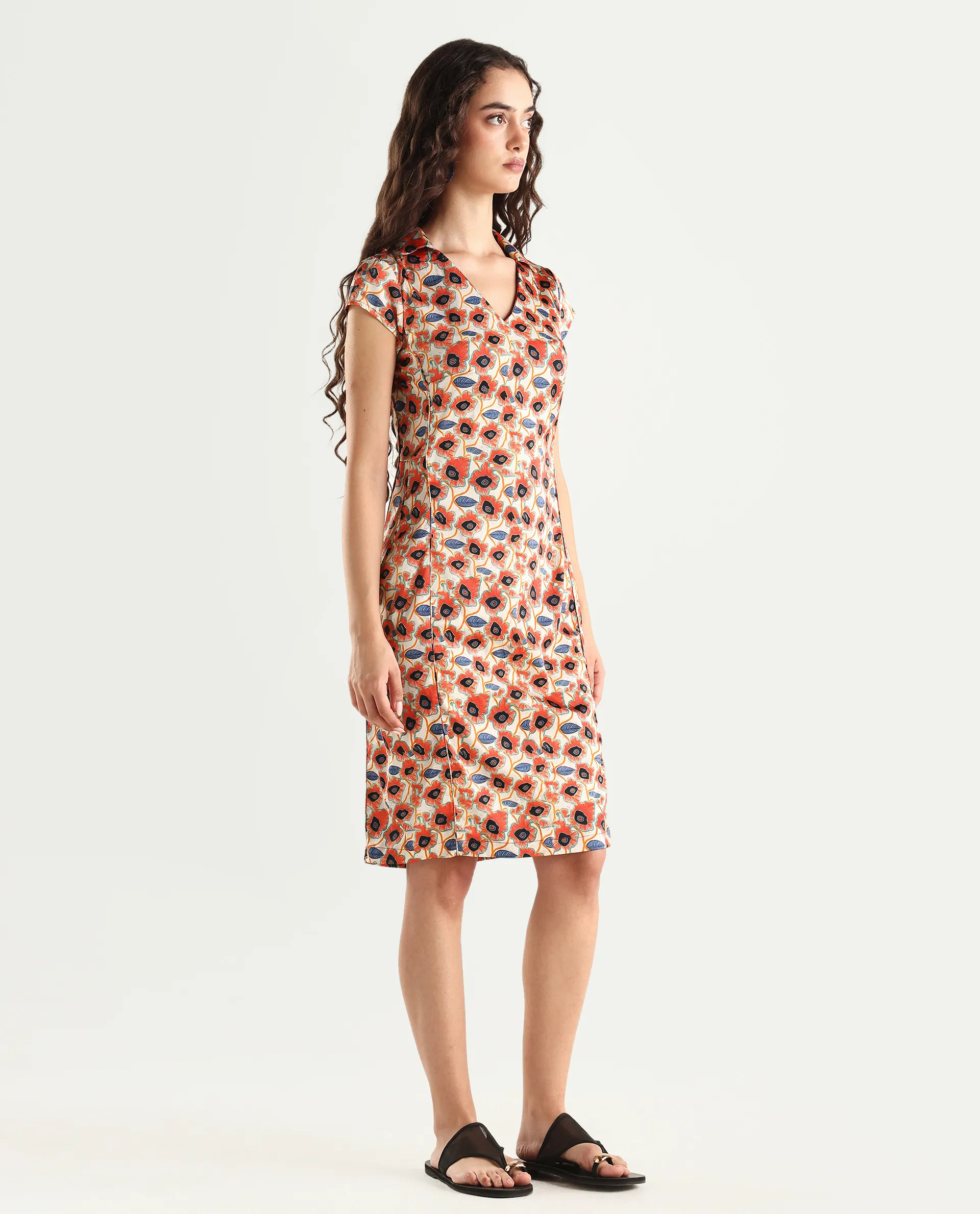 Rareism Women's Orleans Beige V-Neck Abstract Print Extended Sleeves Knee Length Regular Fit Dress - Image 6