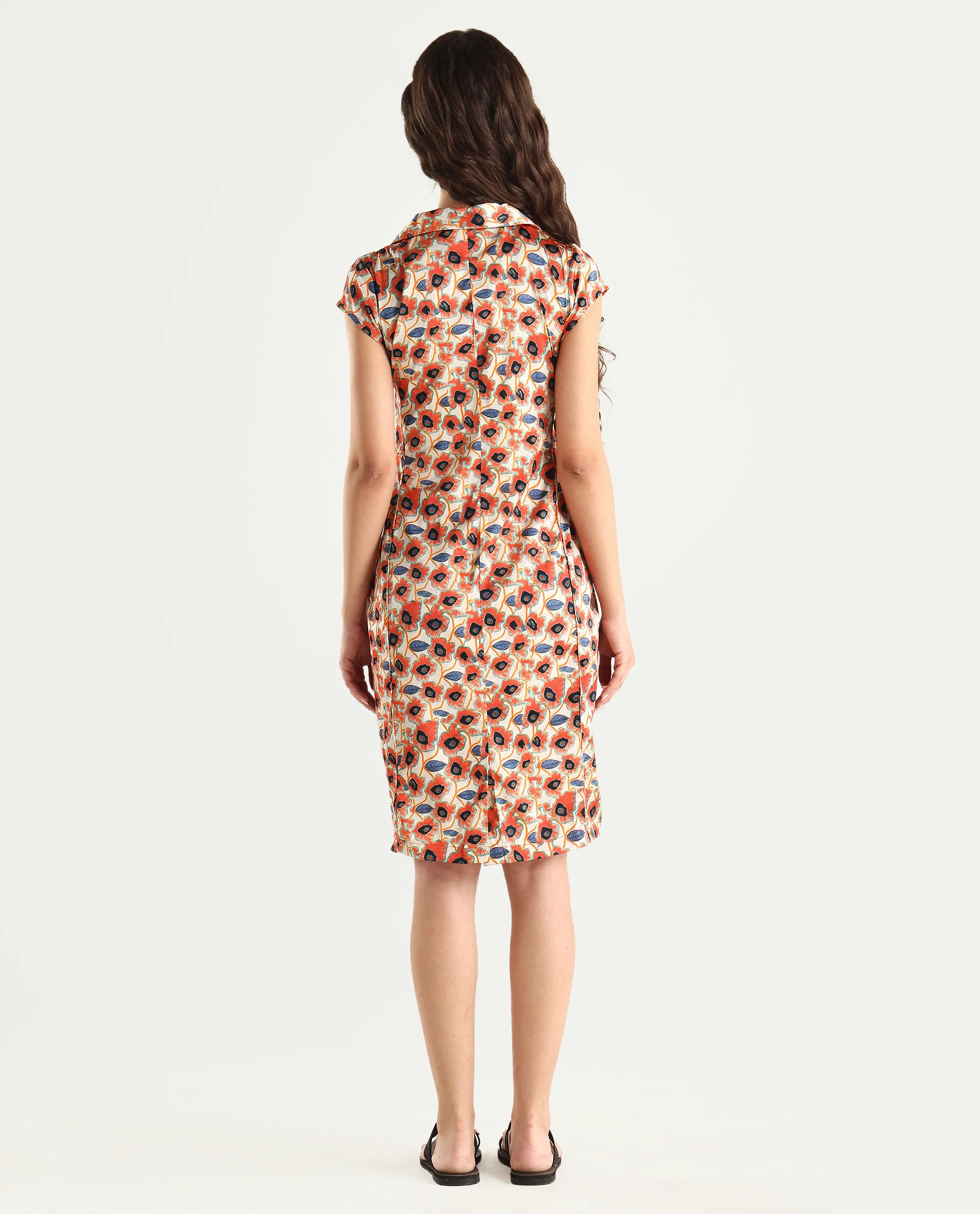 Rareism Women's Orleans Beige V-Neck Abstract Print Extended Sleeves Knee Length Regular Fit Dress - Image 7