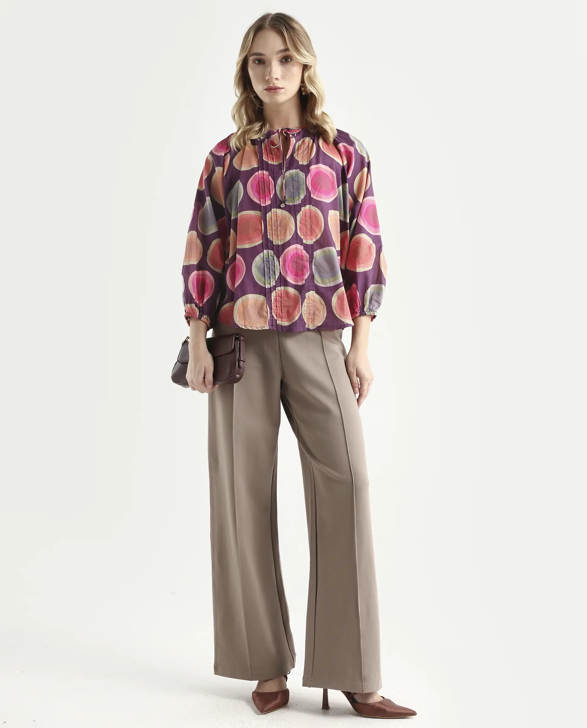 Rareism Women's Orlie Purple Cotton Key Hole Neck Geometric Print Puff Sleeves Relaxed Fit Top - Image 2
