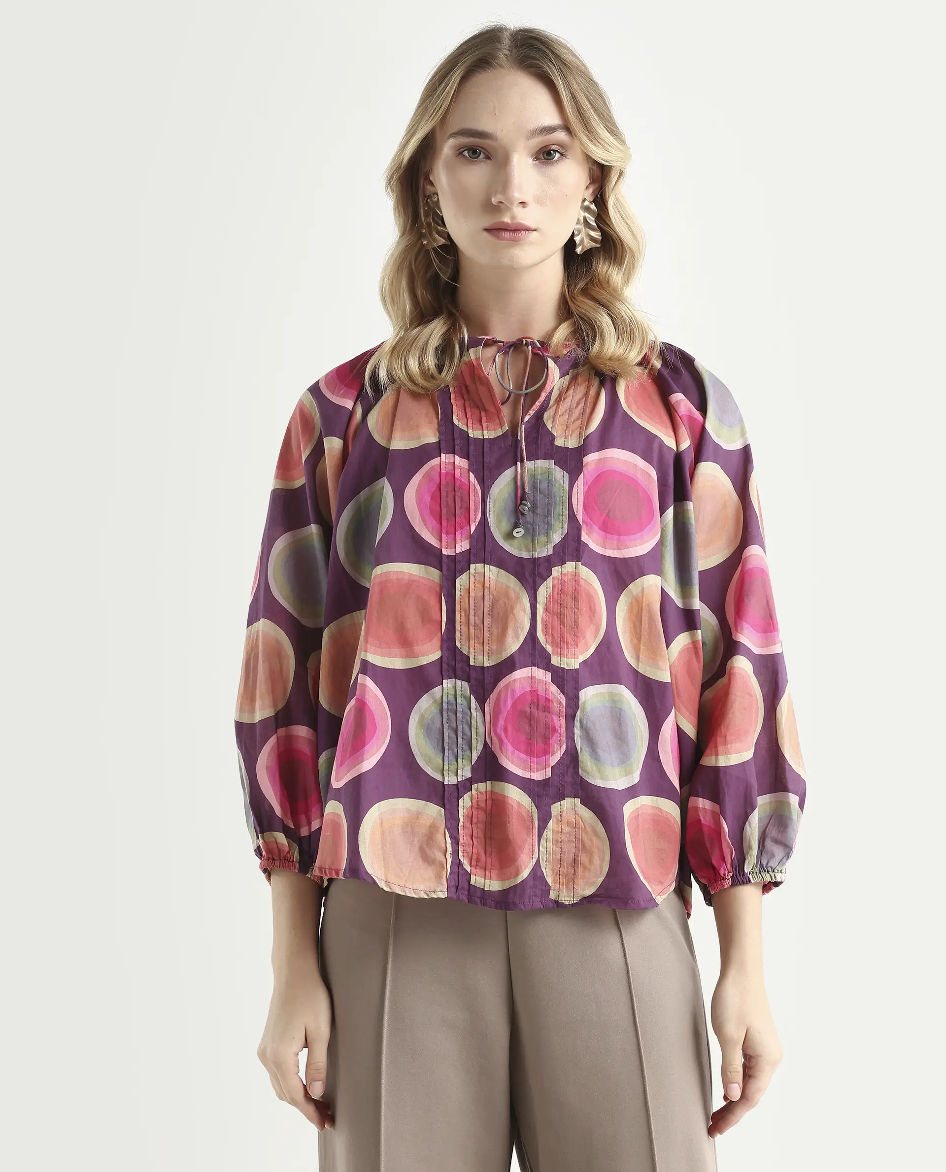 Rareism Women's Orlie Purple Cotton Key Hole Neck Geometric Print Puff Sleeves Relaxed Fit Top - Image 3