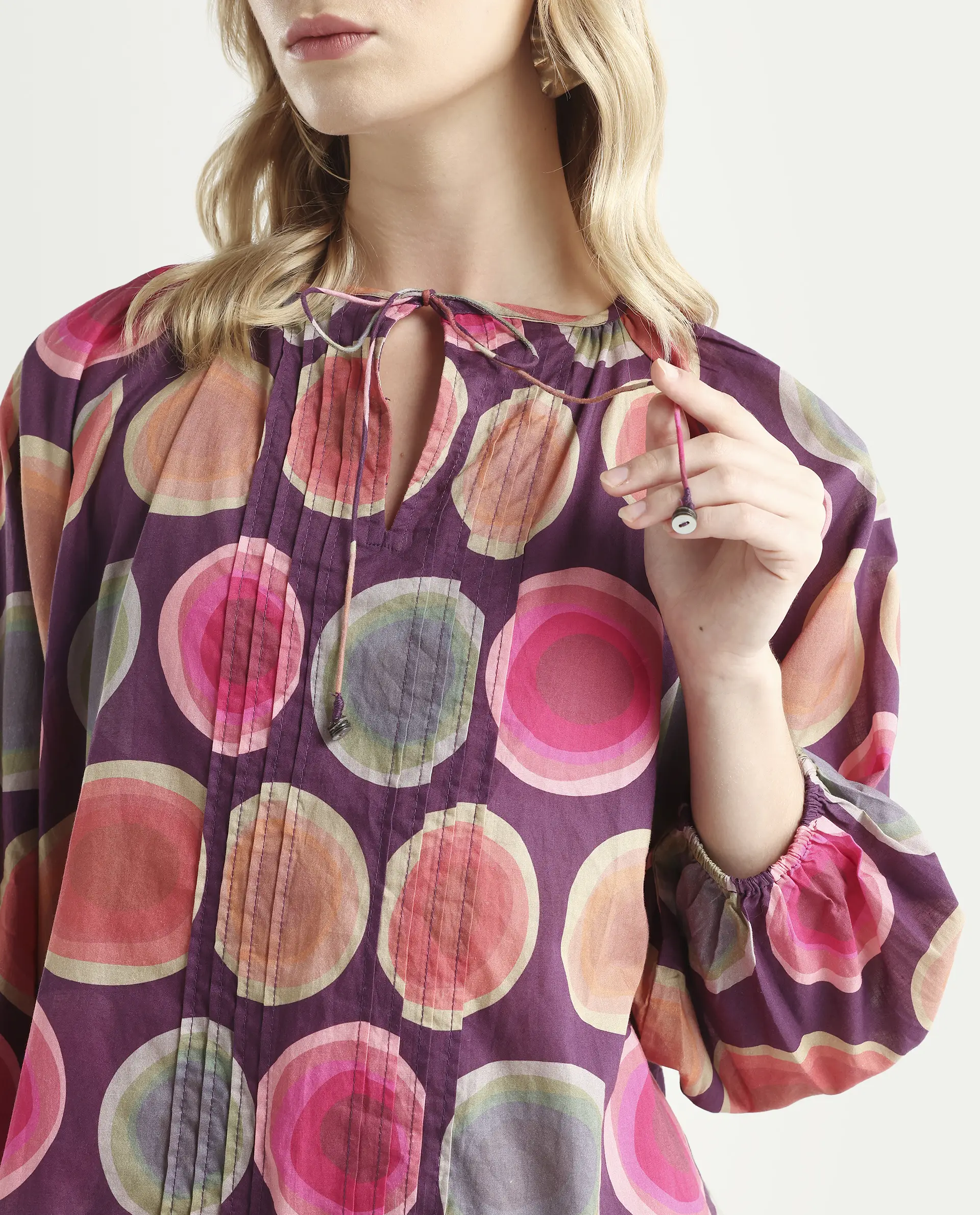Rareism Women's Orlie Purple Cotton Key Hole Neck Geometric Print Puff Sleeves Relaxed Fit Top - Image 4
