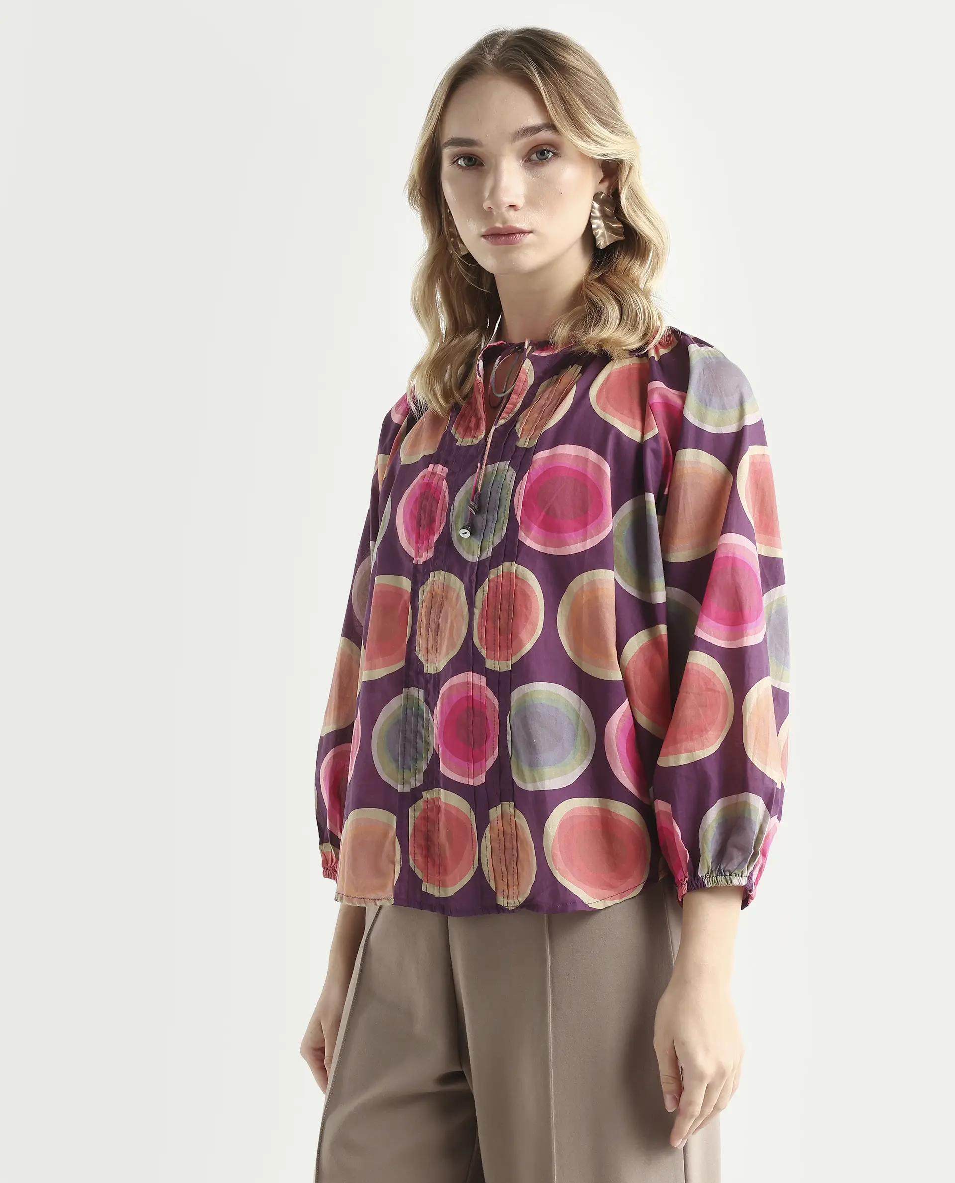 Rareism Women's Orlie Purple Cotton Key Hole Neck Geometric Print Puff Sleeves Relaxed Fit Top - Image 5
