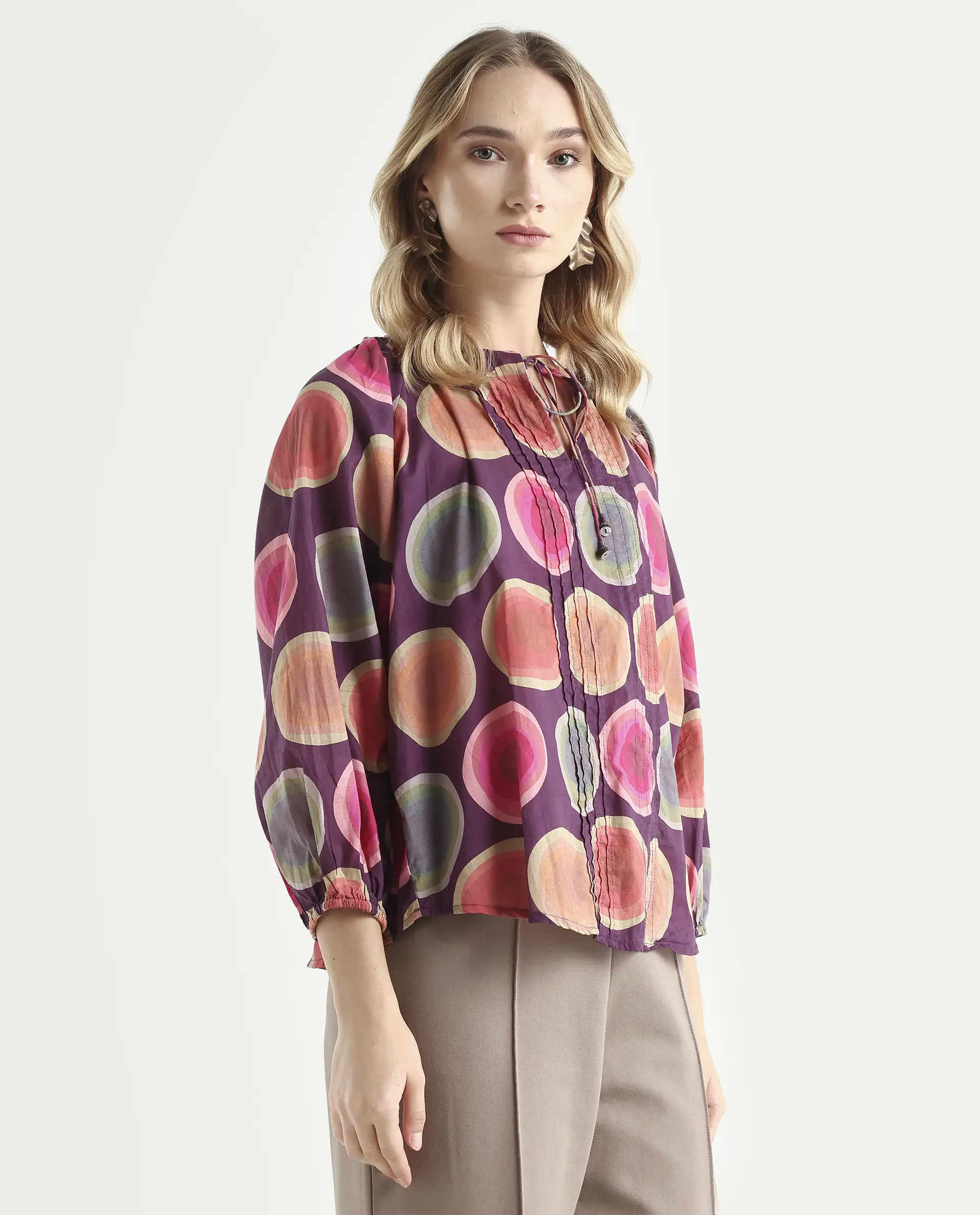 Rareism Women's Orlie Purple Cotton Key Hole Neck Geometric Print Puff Sleeves Relaxed Fit Top - Image 6
