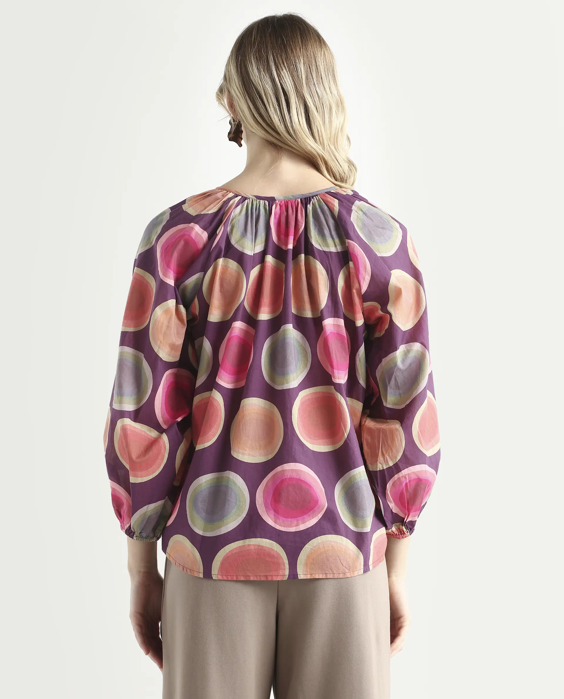 Rareism Women's Orlie Purple Cotton Key Hole Neck Geometric Print Puff Sleeves Relaxed Fit Top - Image 7