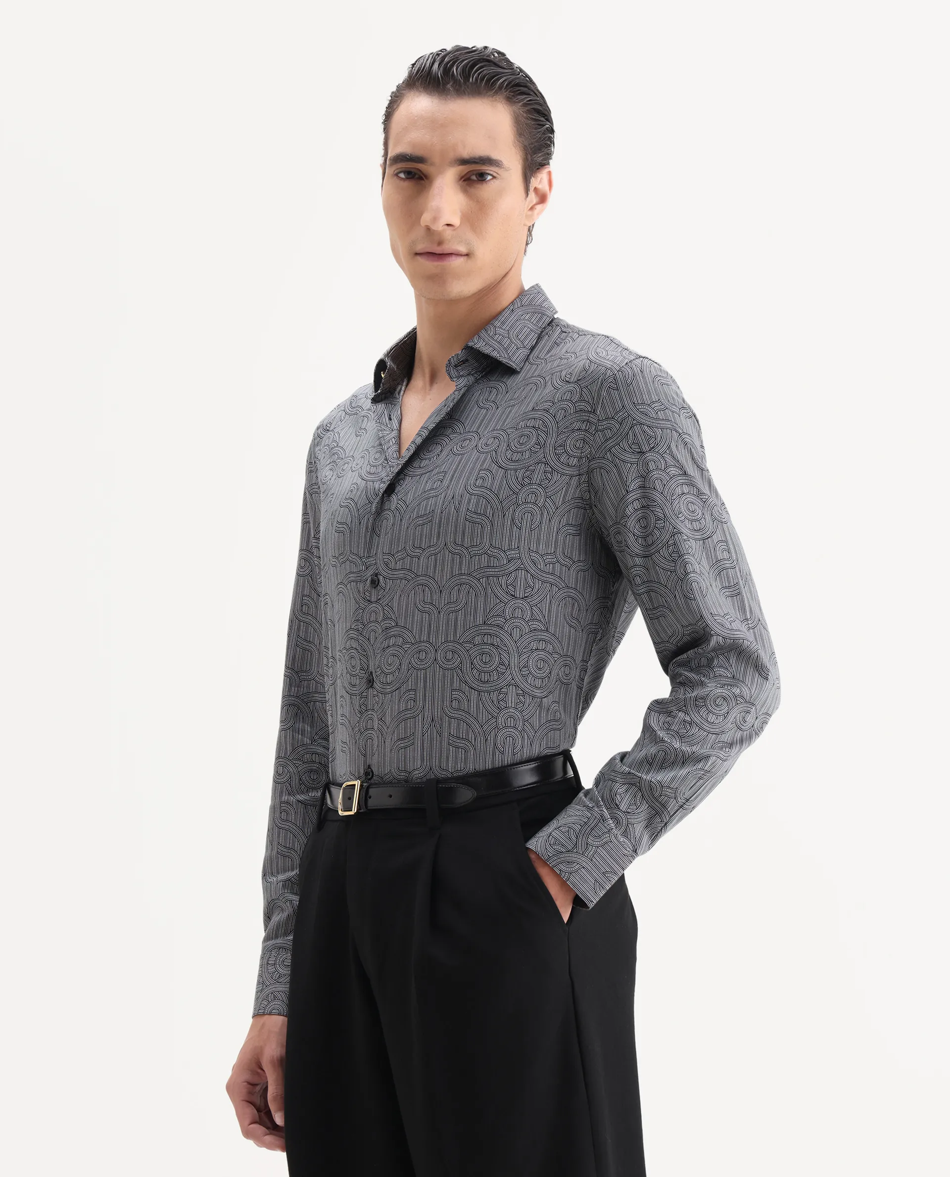 Rare Rabbit Men's Orlo Black Cotton Blend Fabric Full Sleeve Spread Collar Geometric Print Shirt - Image 4