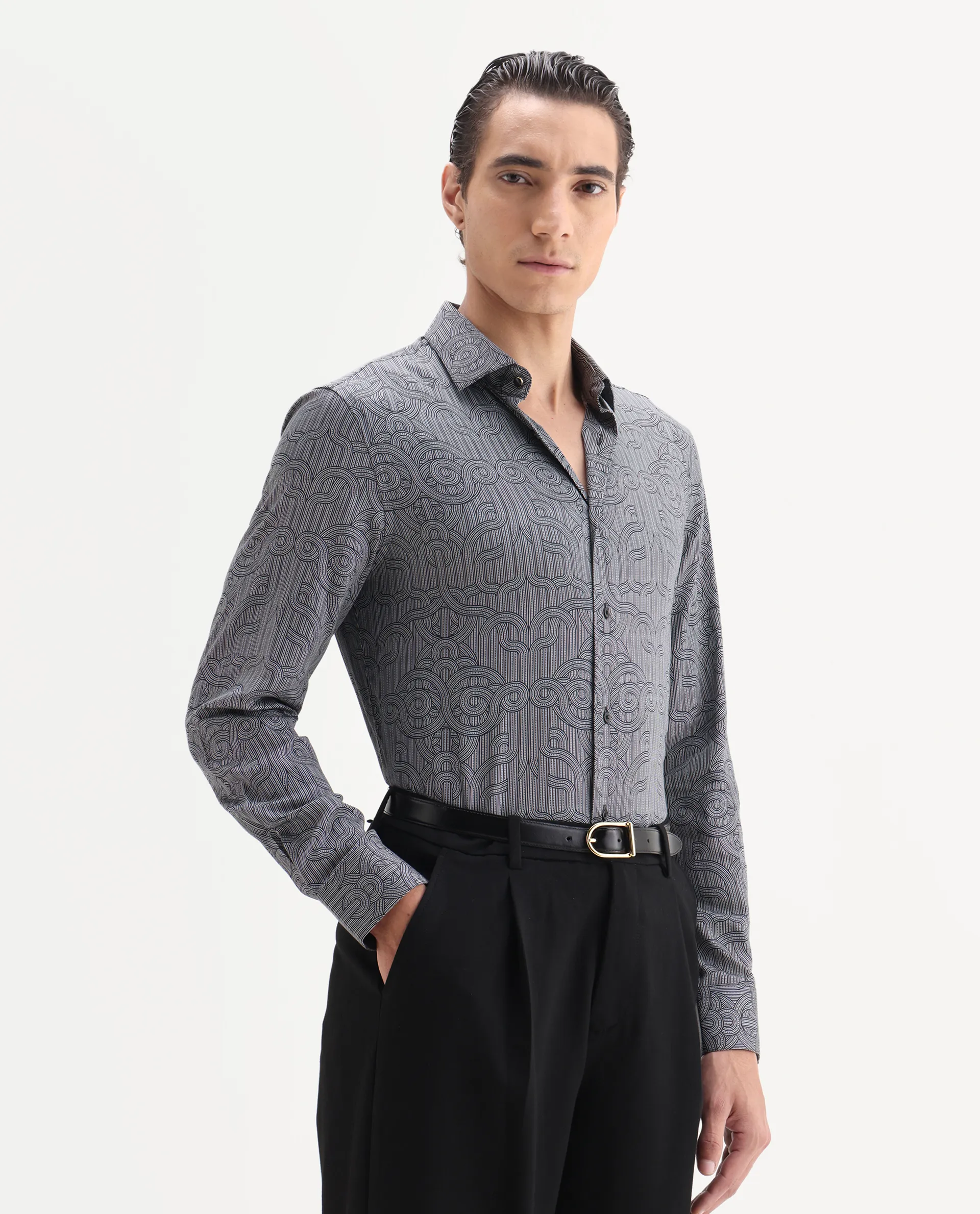 Rare Rabbit Men's Orlo Black Cotton Blend Fabric Full Sleeve Spread Collar Geometric Print Shirt - Image 5