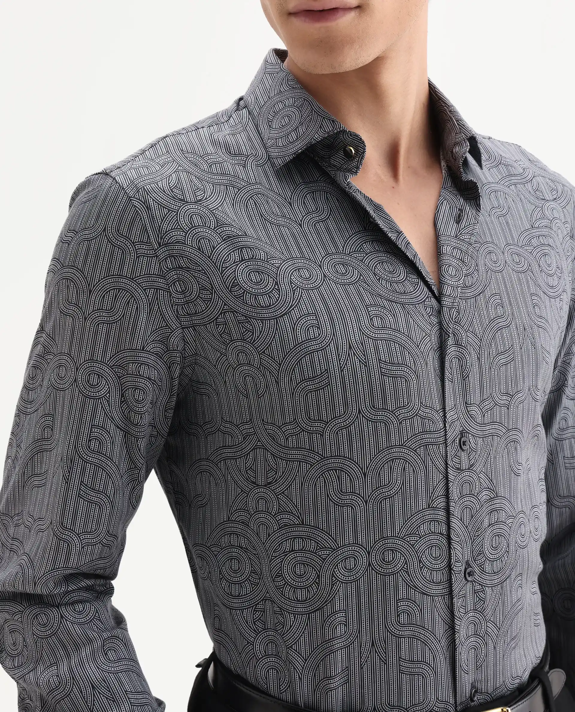 Rare Rabbit Men's Orlo Black Cotton Blend Fabric Full Sleeve Spread Collar Geometric Print Shirt - Image 6