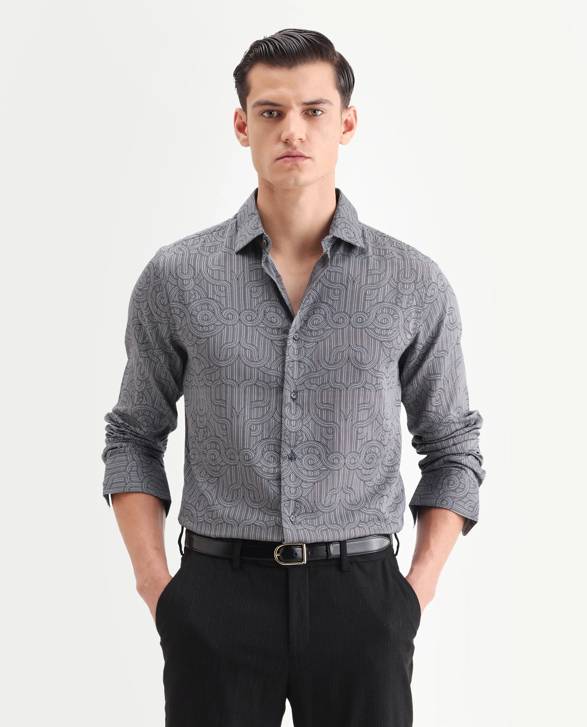 Rare Rabbit Men's Orly - Dark Grey Cotton Decorative Print Regular Fit Full Sleeve Collared Shirt
