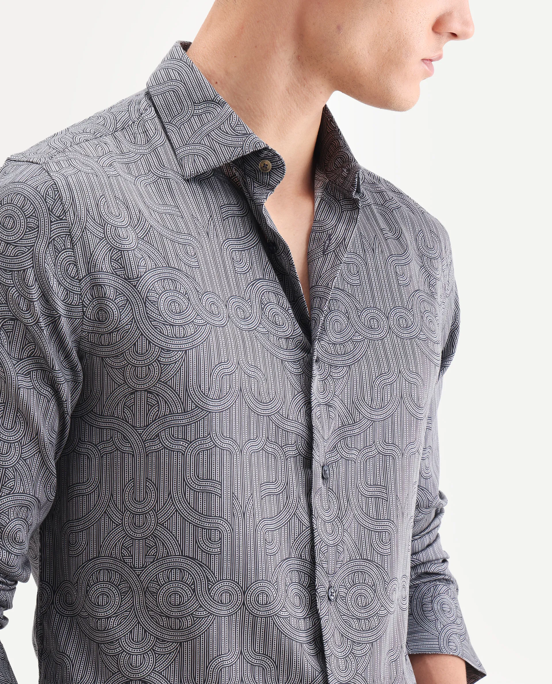 Rare Rabbit Men's Orly - Dark Grey Cotton Decorative Print Regular Fit Full Sleeve Collared Shirt - Image 3