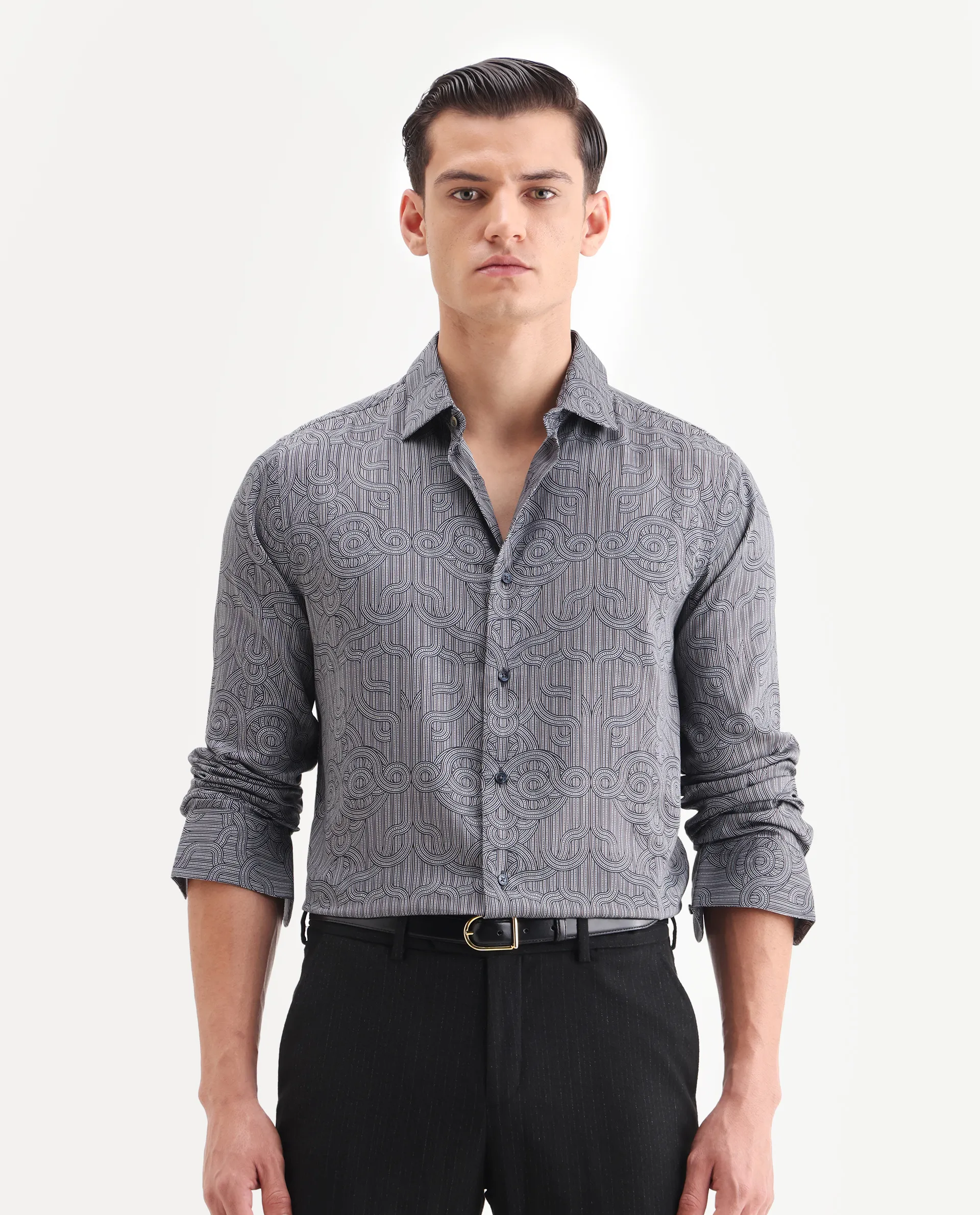 Rare Rabbit Men's Orly - Dark Grey Cotton Decorative Print Regular Fit Full Sleeve Collared Shirt - Image 4