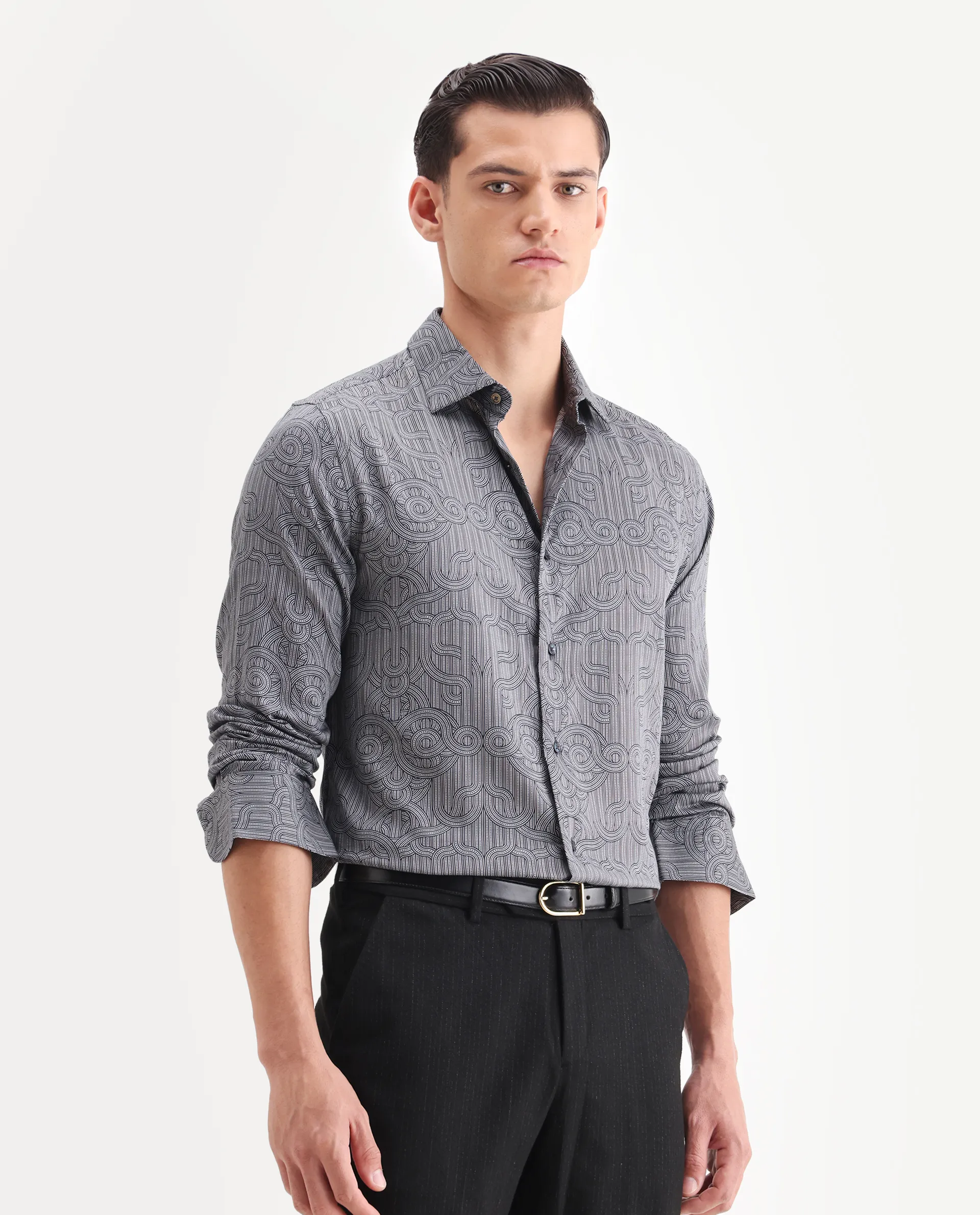 Rare Rabbit Men's Orly - Dark Grey Cotton Decorative Print Regular Fit Full Sleeve Collared Shirt - Image 5
