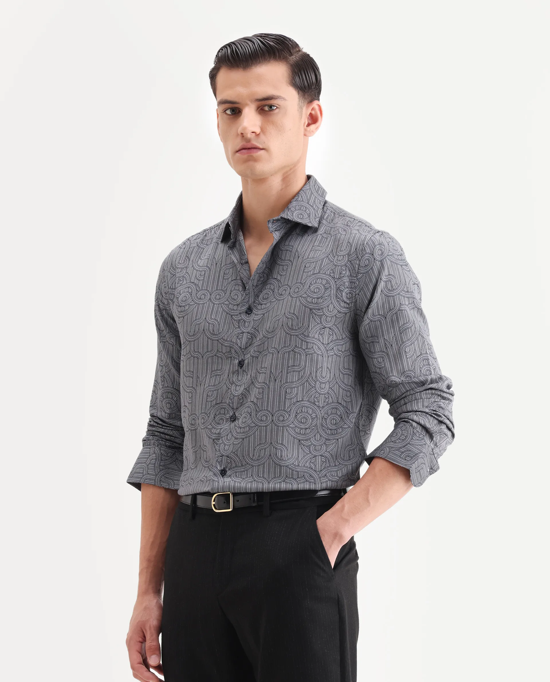 Rare Rabbit Men's Orly - Dark Grey Cotton Decorative Print Regular Fit Full Sleeve Collared Shirt - Image 6