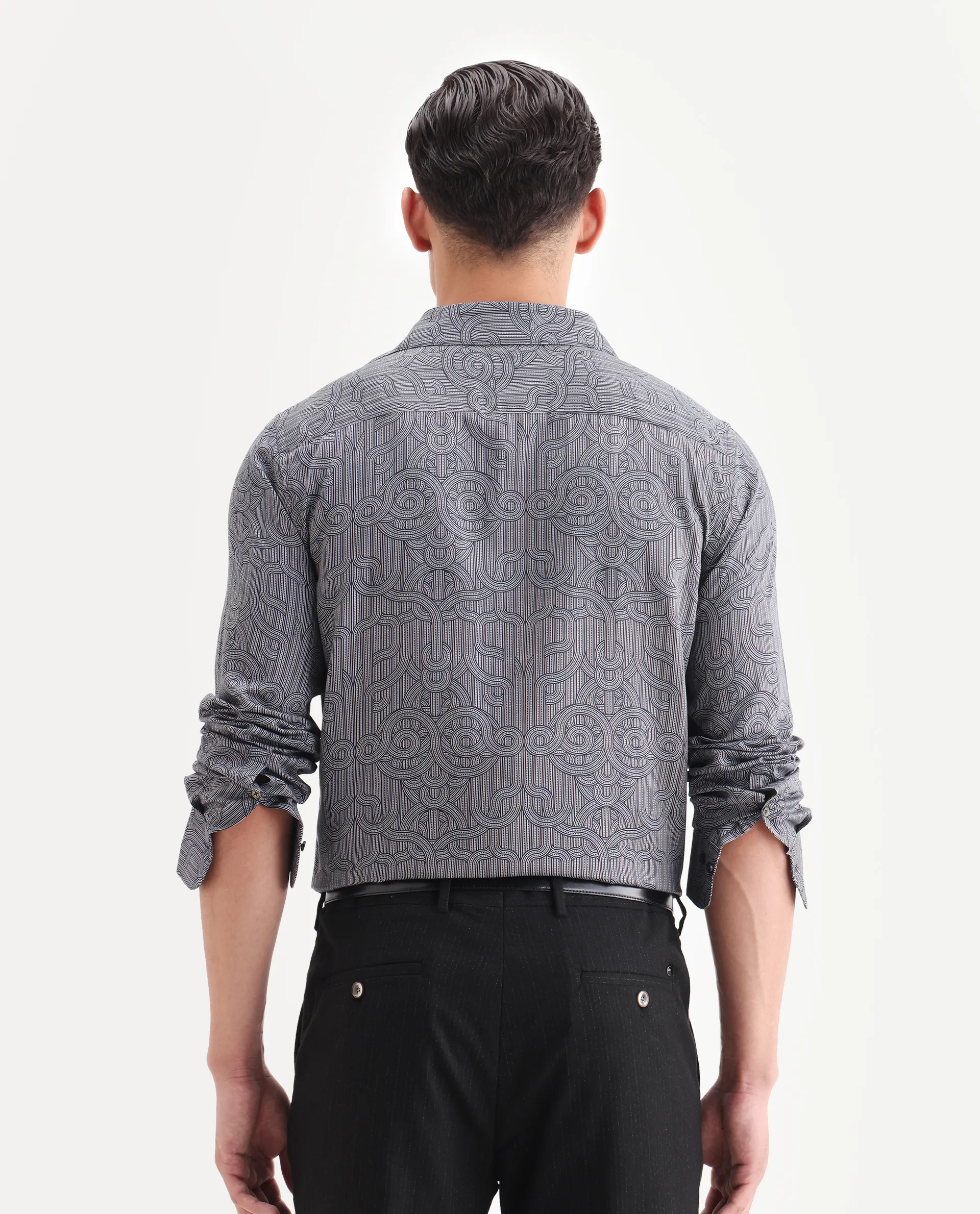 Rare Rabbit Men's Orly - Dark Grey Cotton Decorative Print Regular Fit Full Sleeve Collared Shirt - Image 7