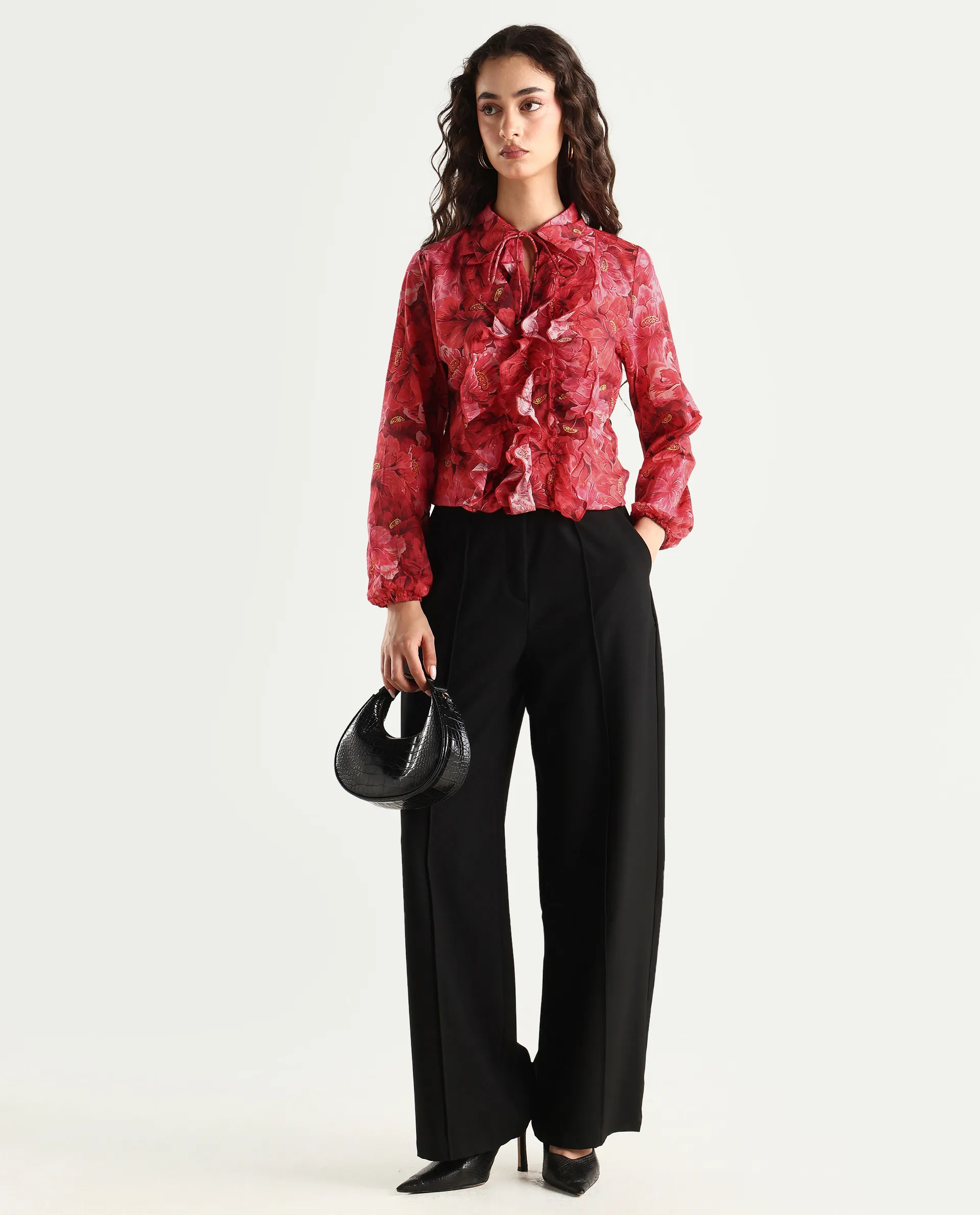 Rareism Women's Orney Maroon Cotton Spread Collar Floral Print Volume Sleeve Regular Fit Top - Image 2