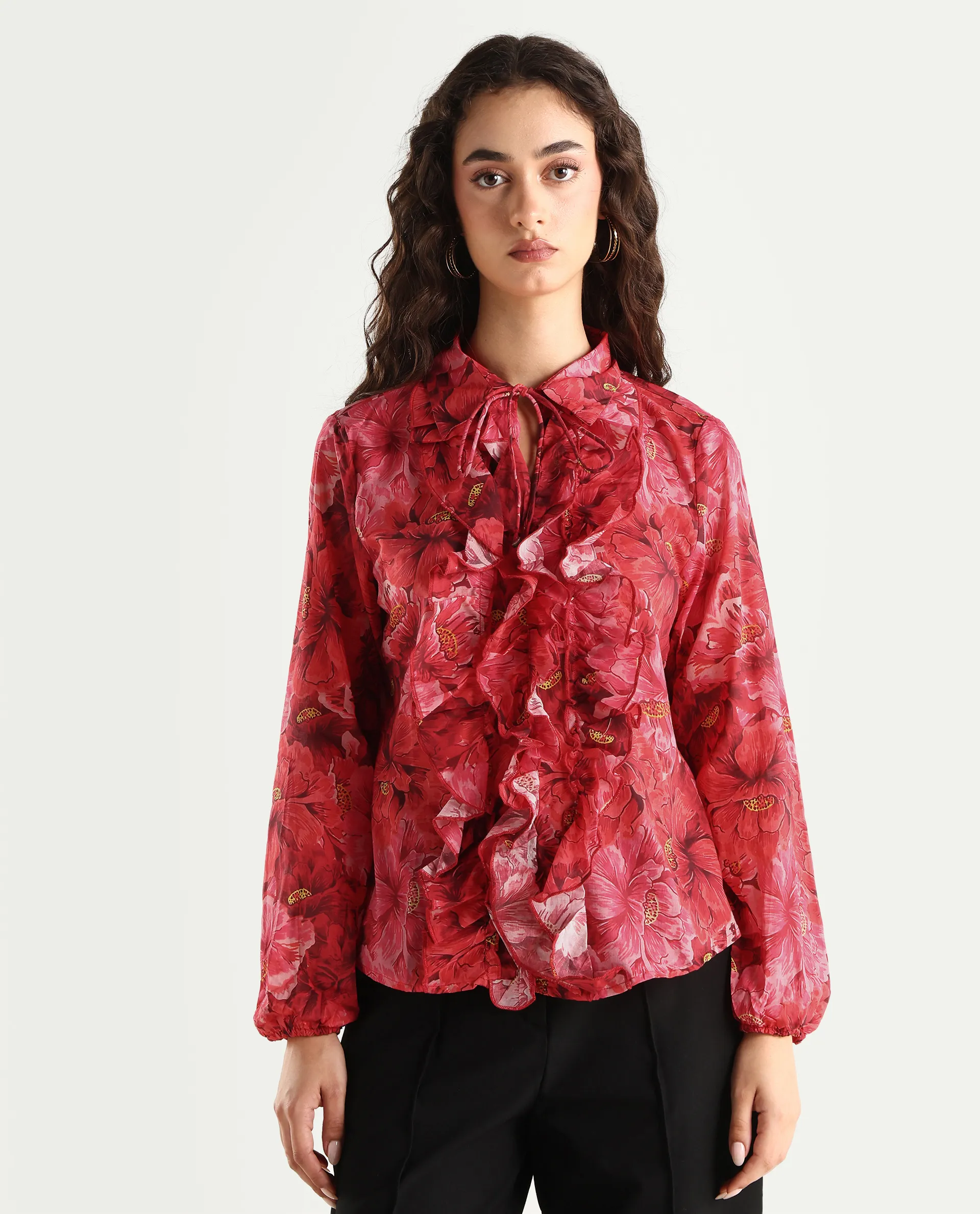 Rareism Women's Orney Maroon Cotton Spread Collar Floral Print Volume Sleeve Regular Fit Top - Image 3