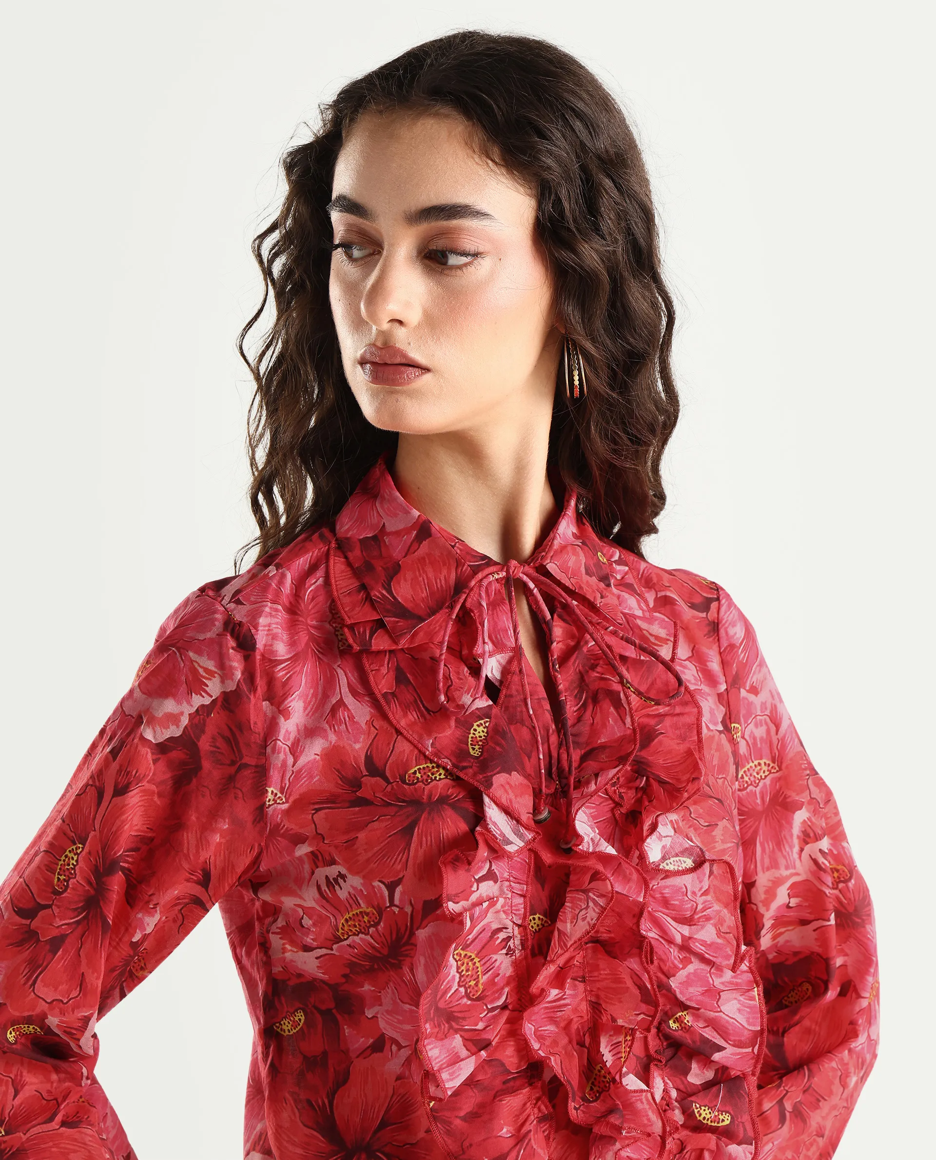 Rareism Women's Orney Maroon Cotton Spread Collar Floral Print Volume Sleeve Regular Fit Top - Image 4