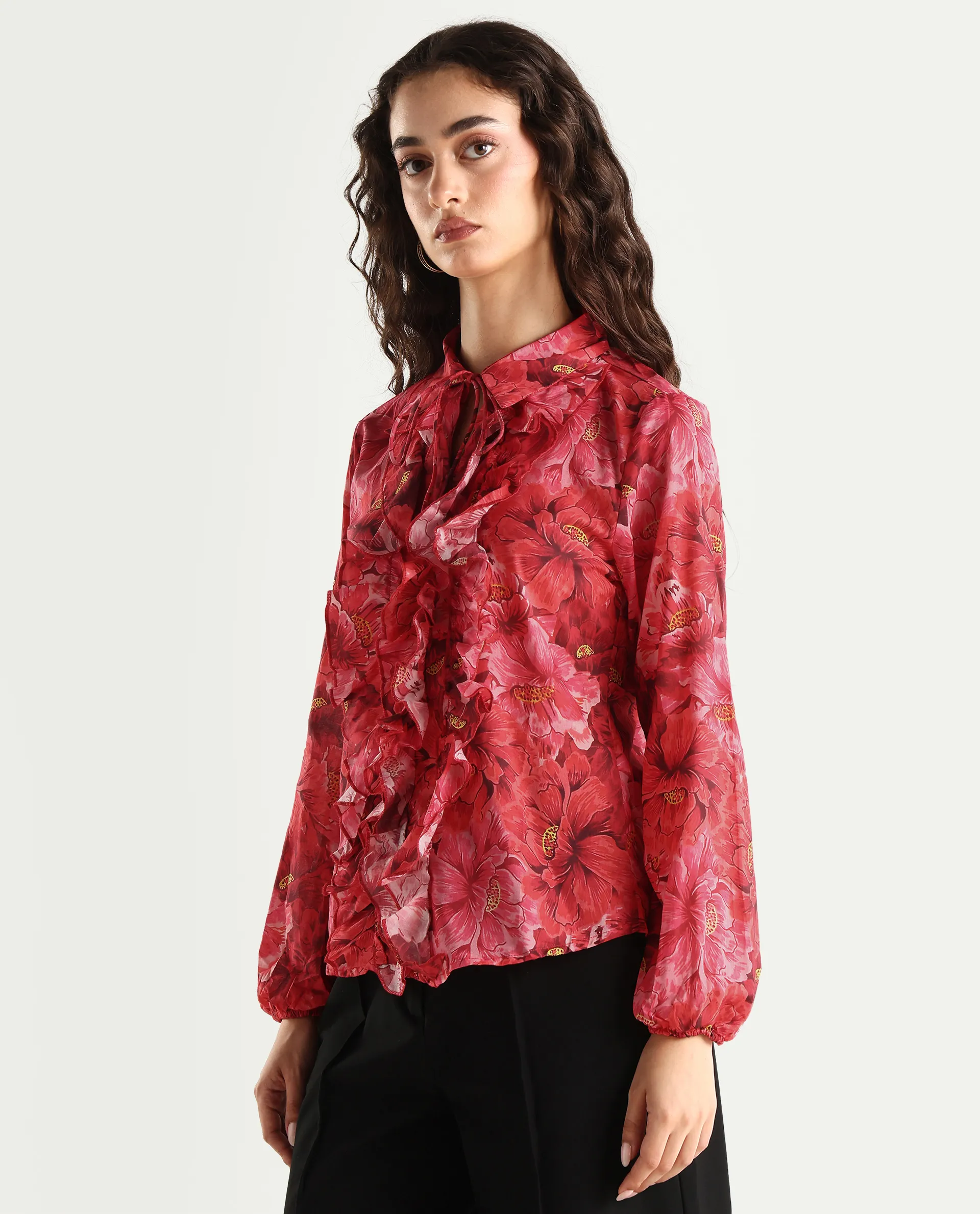 Rareism Women's Orney Maroon Cotton Spread Collar Floral Print Volume Sleeve Regular Fit Top - Image 5