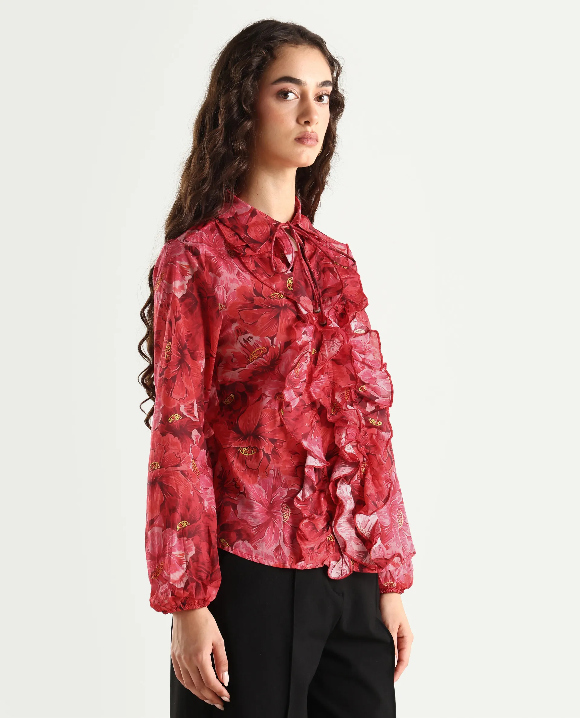 Rareism Women's Orney Maroon Cotton Spread Collar Floral Print Volume Sleeve Regular Fit Top - Image 6