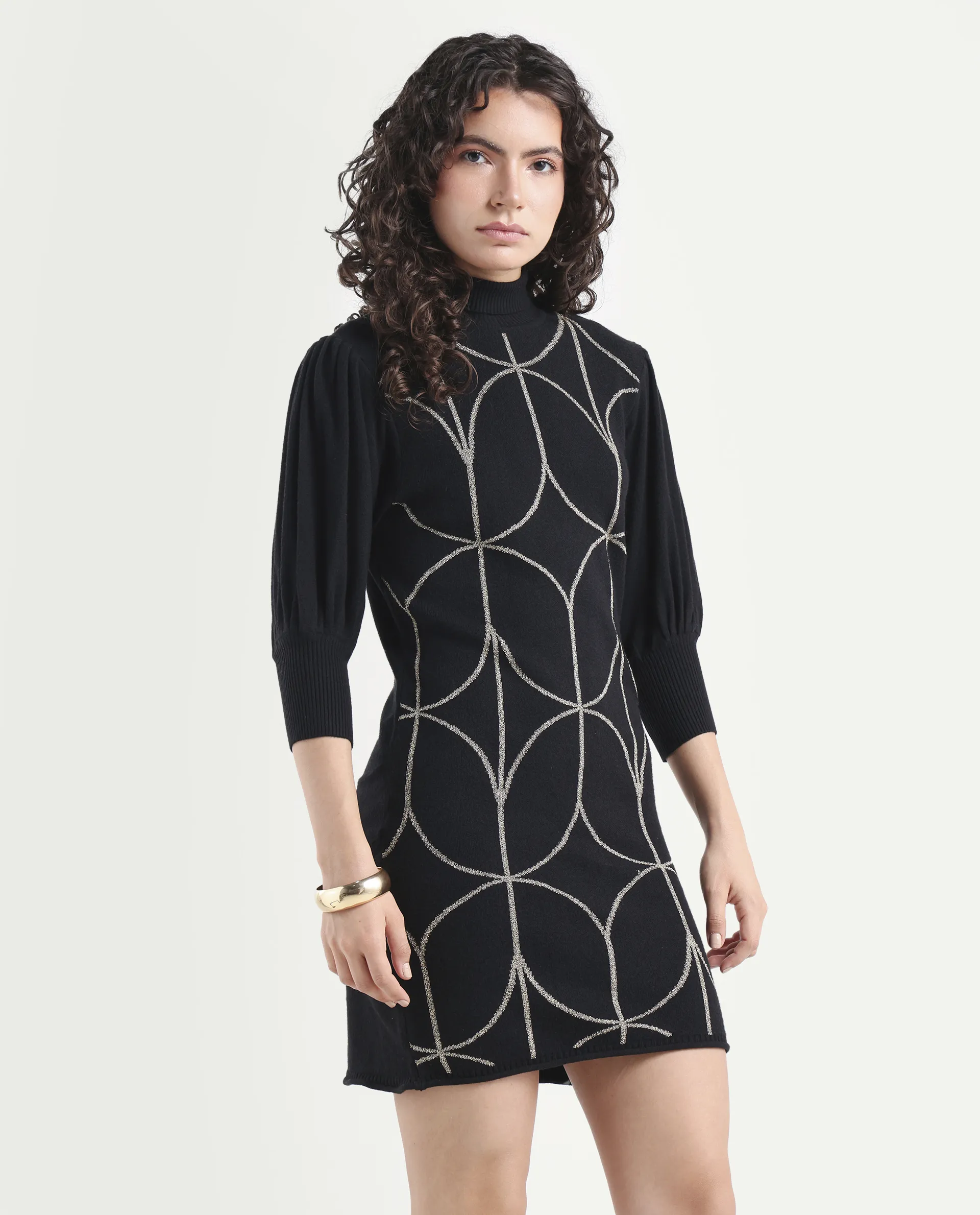 Rareism Women's Oroh Black Viscose Turtle Neck Geometric Print Balloon Sleeve Knee Length Regular Fit Sweater - Image 6