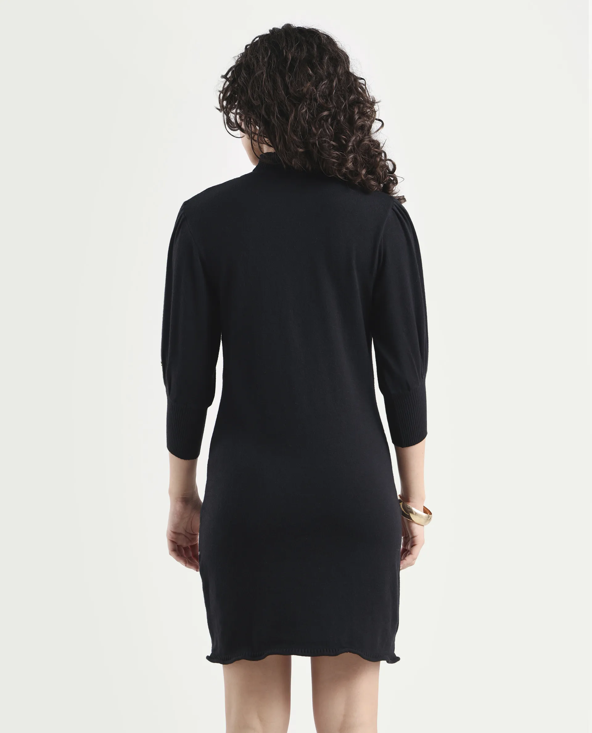 Rareism Women's Oroh Black Viscose Turtle Neck Geometric Print Balloon Sleeve Knee Length Regular Fit Sweater - Image 7
