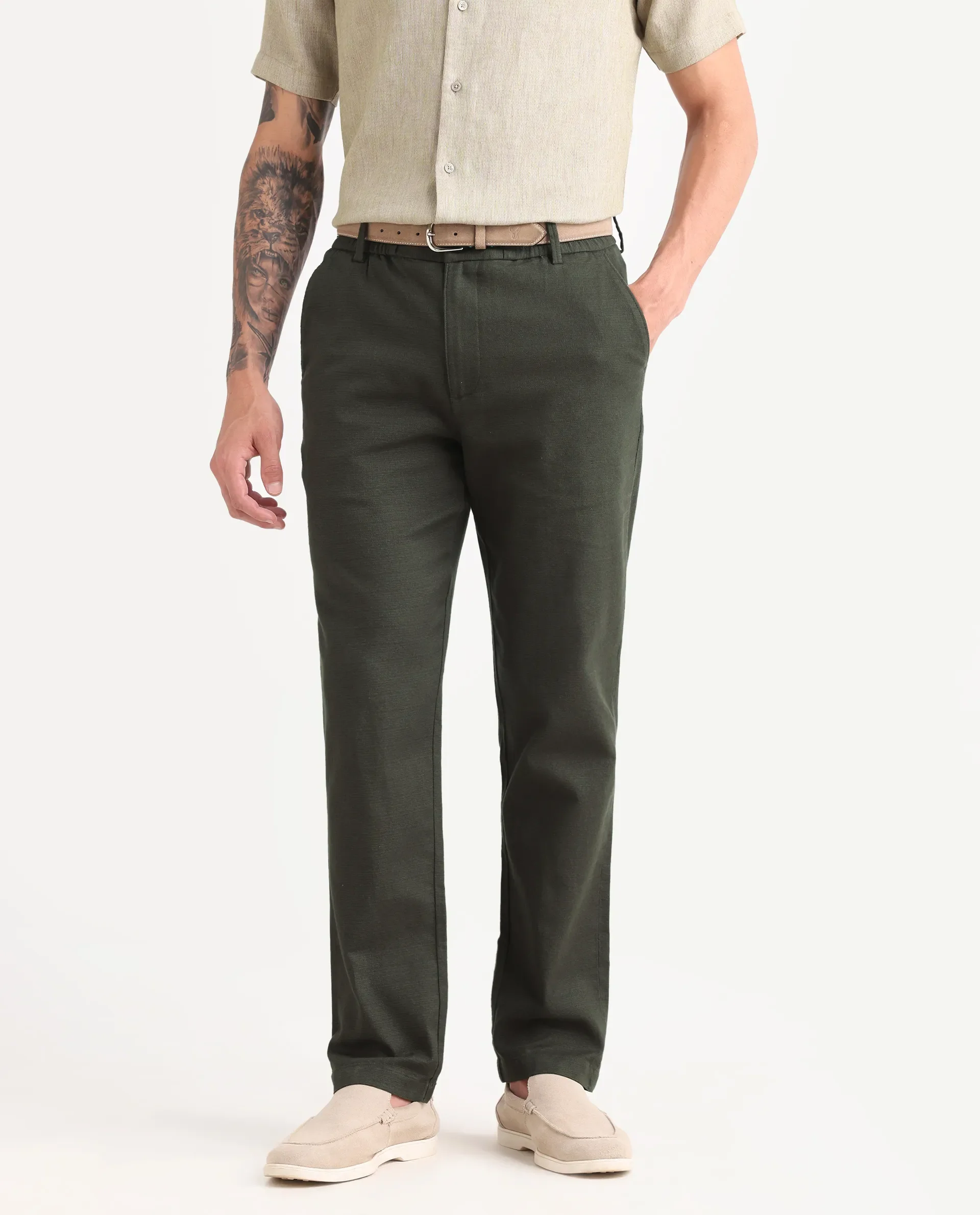 Rare Rabbit Men's Oros Dark Green Cotton Blend Fabric Regular Fit Plain Trouser - Image 2