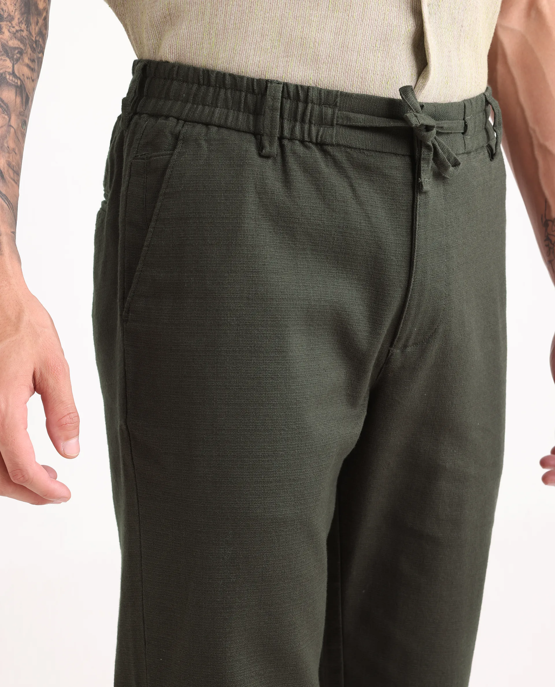 Rare Rabbit Men's Oros Dark Green Cotton Blend Fabric Regular Fit Plain Trouser - Image 3