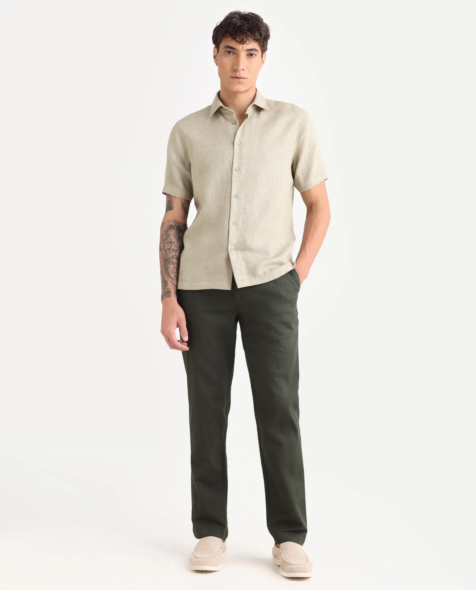 Rare Rabbit Men's Oros Dark Green Cotton Blend Fabric Regular Fit Plain Trouser - Image 4