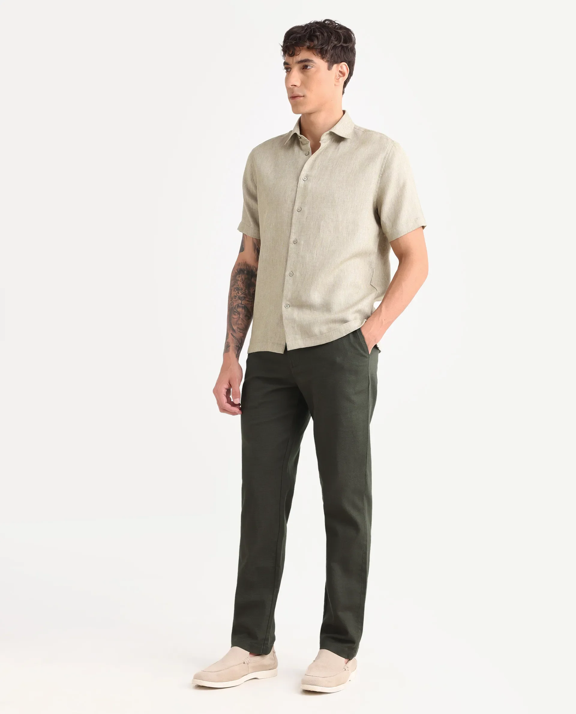 Rare Rabbit Men's Oros Dark Green Cotton Blend Fabric Regular Fit Plain Trouser - Image 5