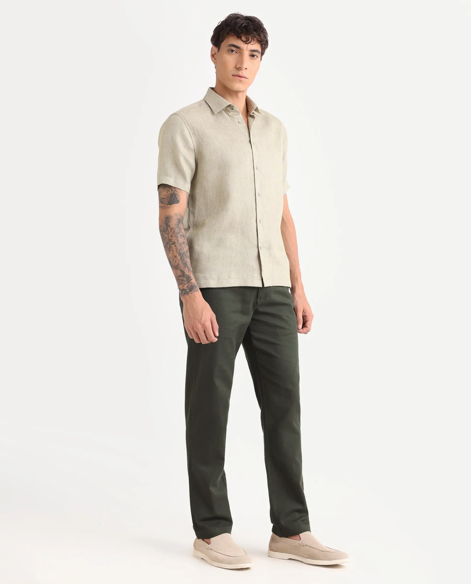 Rare Rabbit Men's Oros Dark Green Cotton Blend Fabric Regular Fit Plain Trouser - Image 6