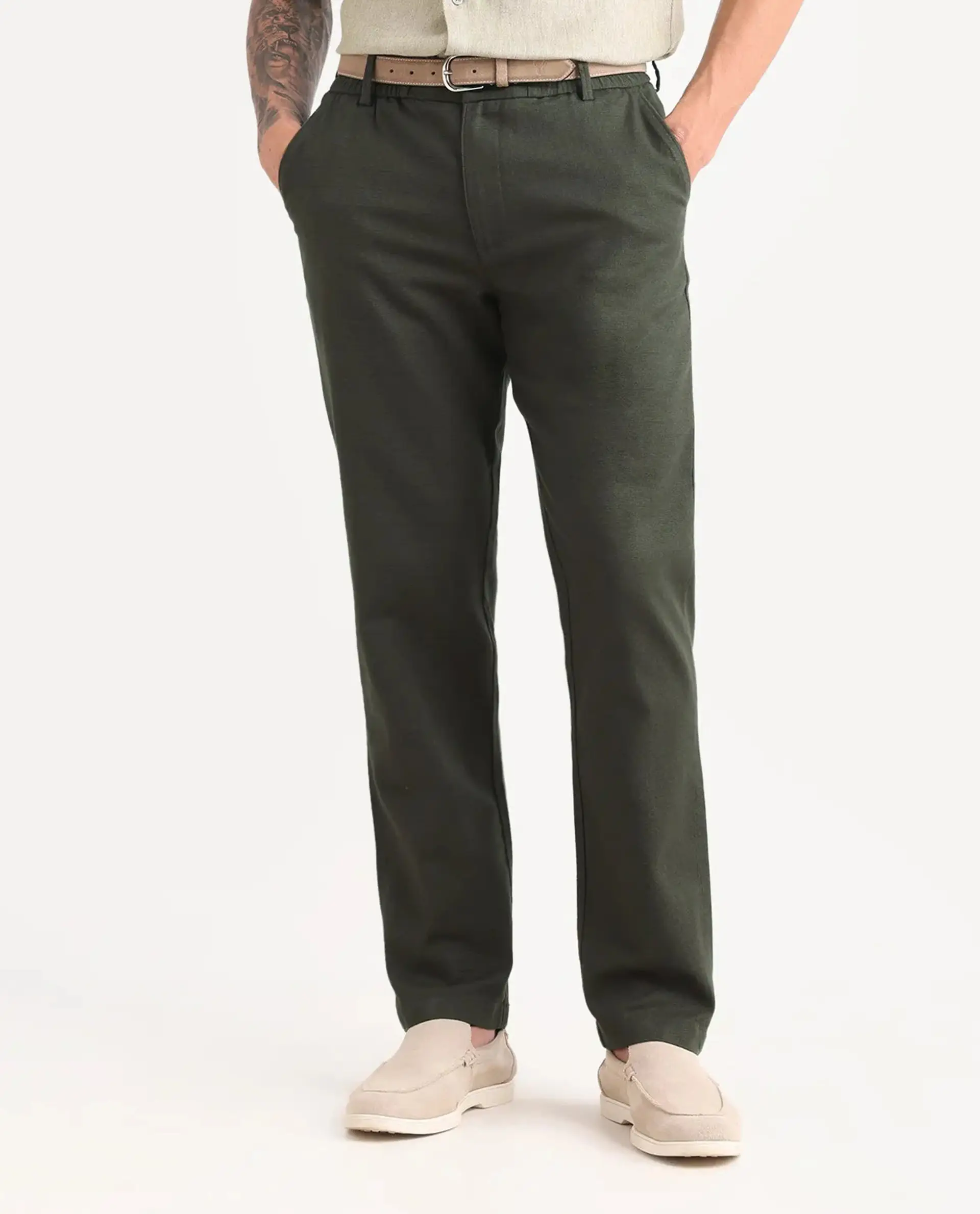Rare Rabbit Men's Oros Dark Green Cotton Blend Fabric Regular Fit Plain Trouser - Image 9