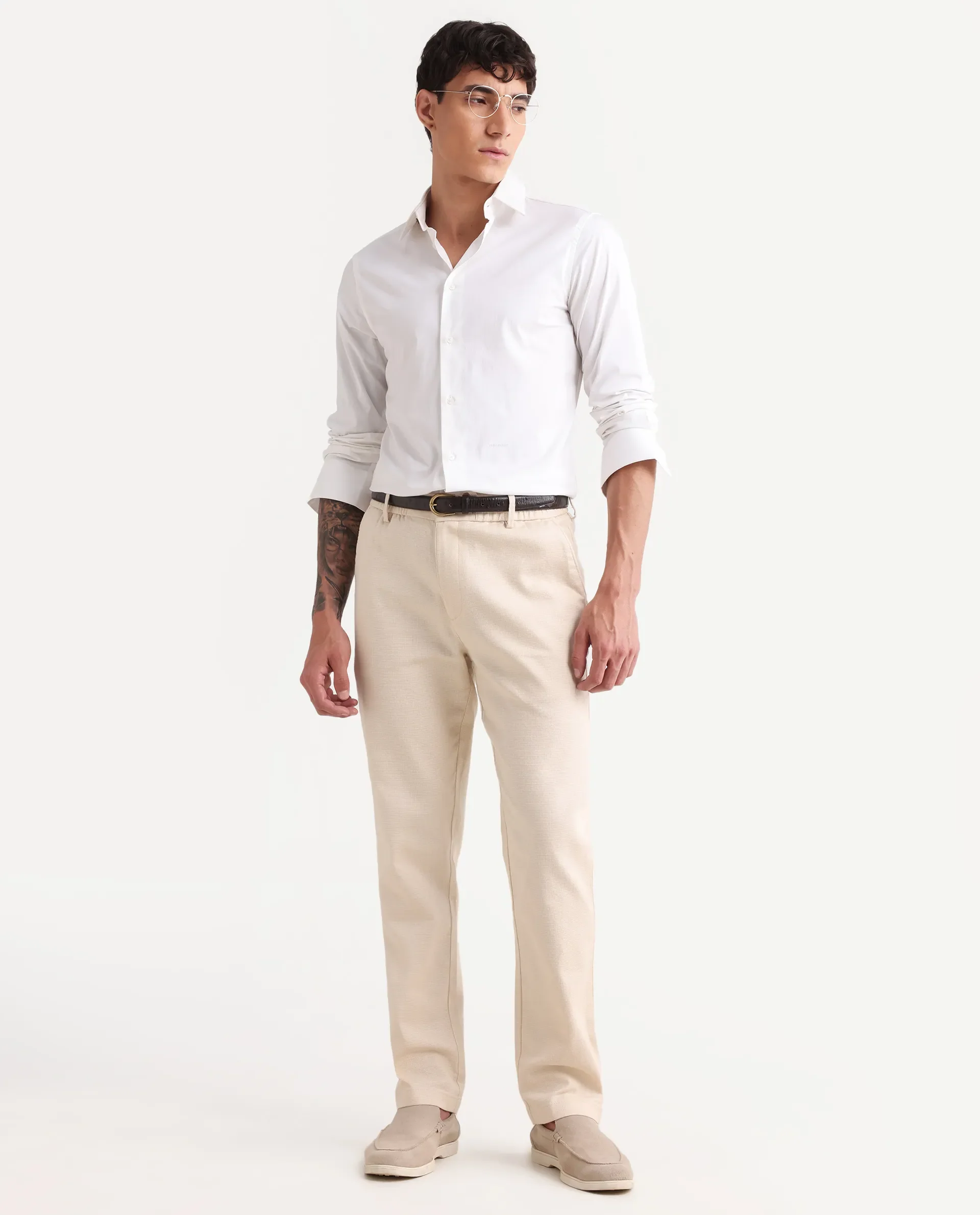 Rare Rabbit Men's Oros Light Beige Cotton Blend Fabric Regular Fit Plain Trouser