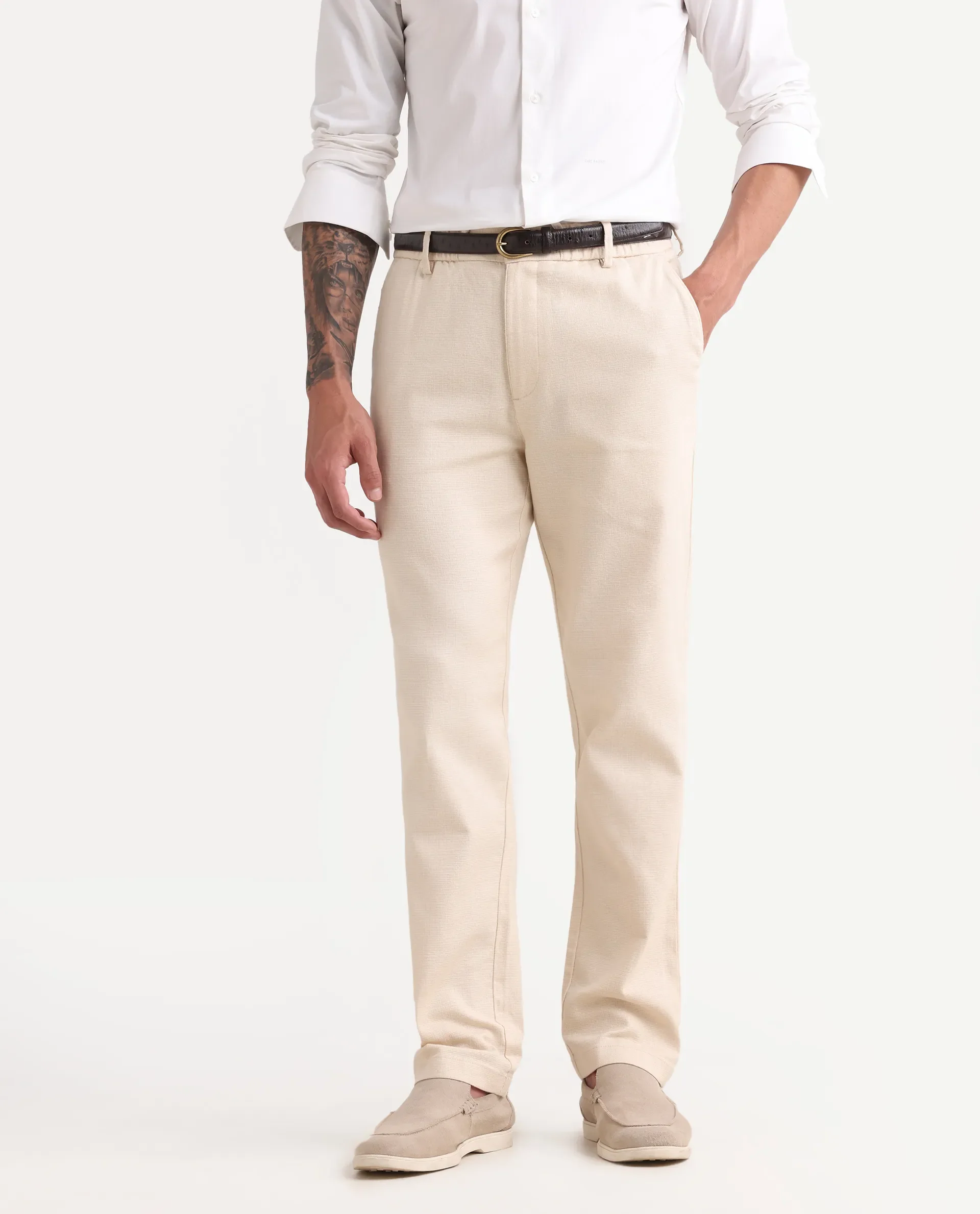 Rare Rabbit Men's Oros Light Beige Cotton Blend Fabric Regular Fit Plain Trouser - Image 2