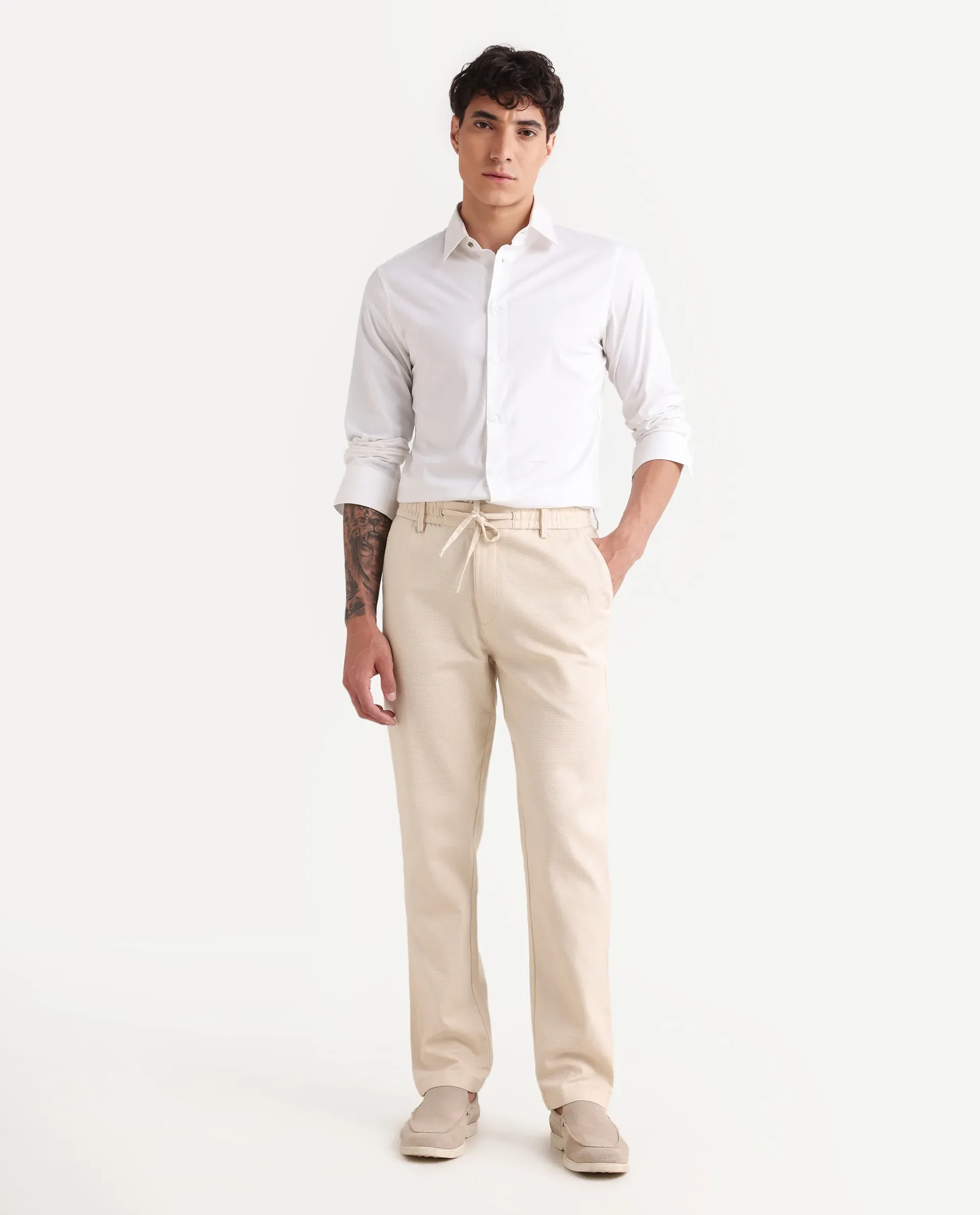 Rare Rabbit Men's Oros Light Beige Cotton Blend Fabric Regular Fit Plain Trouser - Image 4