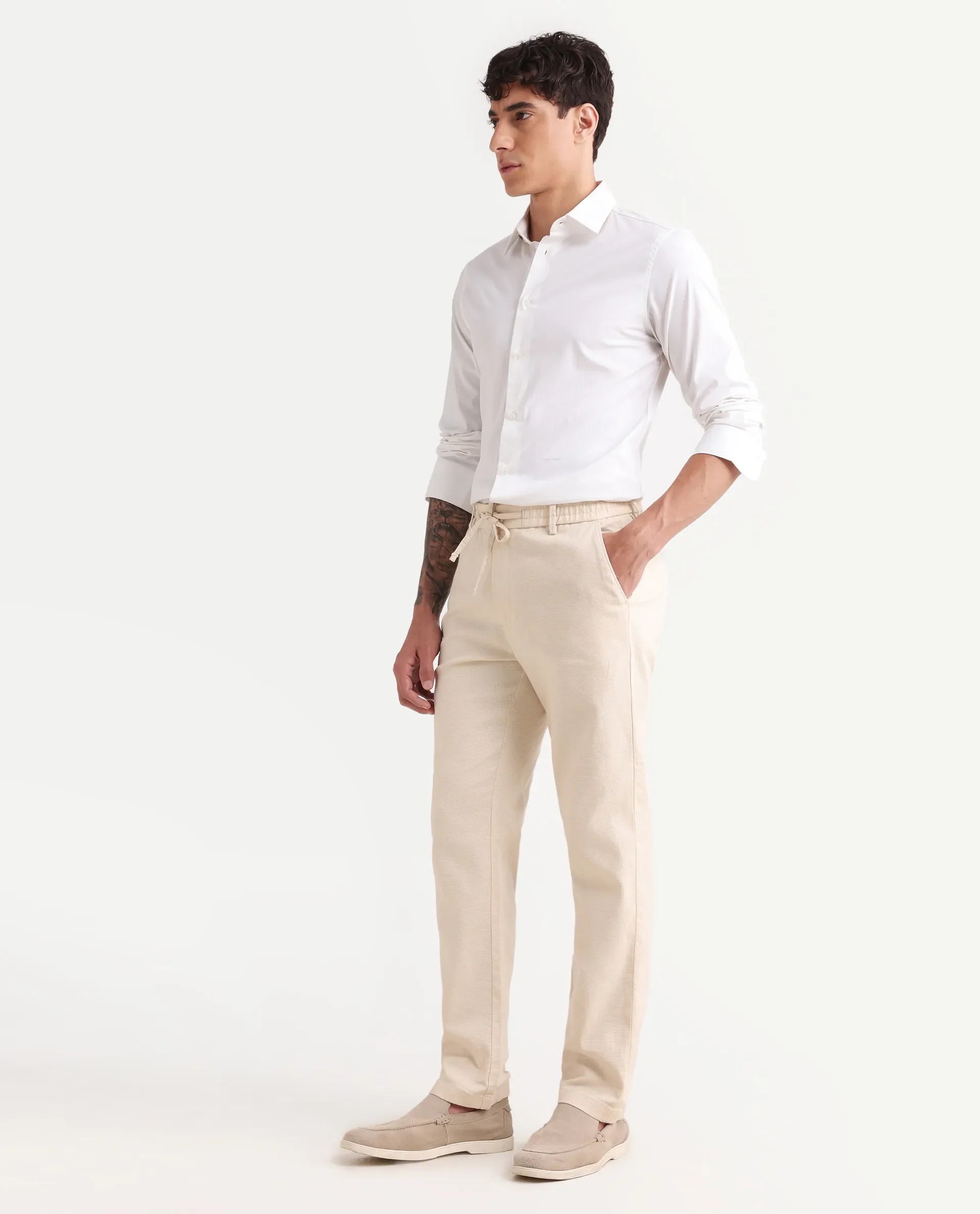 Rare Rabbit Men's Oros Light Beige Cotton Blend Fabric Regular Fit Plain Trouser - Image 5