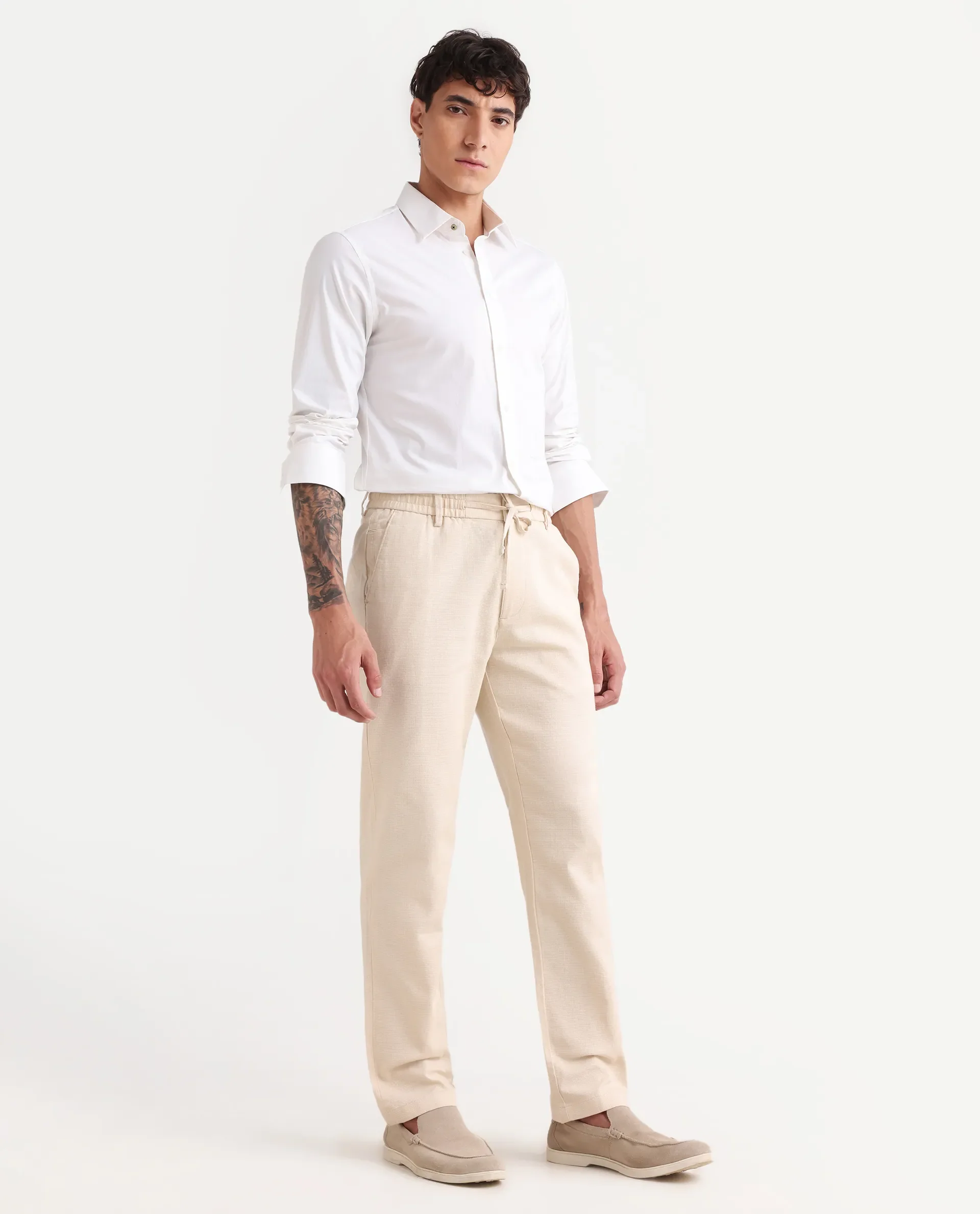 Rare Rabbit Men's Oros Light Beige Cotton Blend Fabric Regular Fit Plain Trouser - Image 6