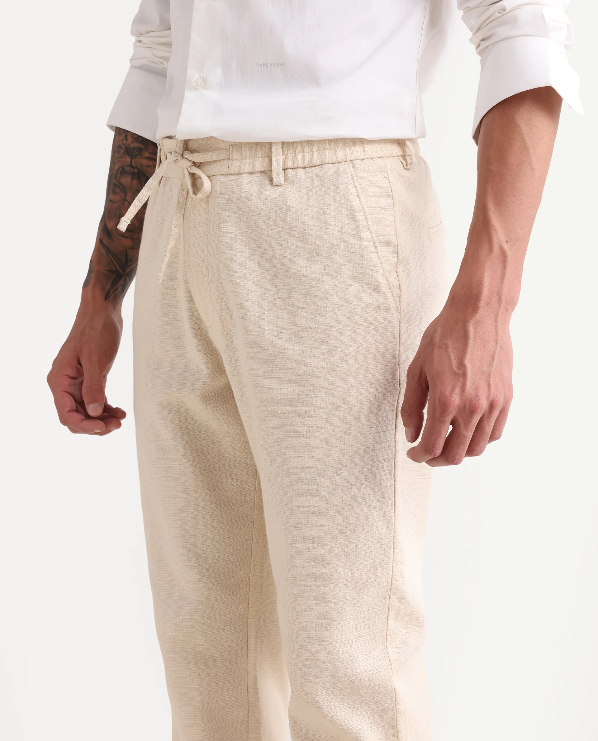 Rare Rabbit Men's Oros Light Beige Cotton Blend Fabric Regular Fit Plain Trouser - Image 7