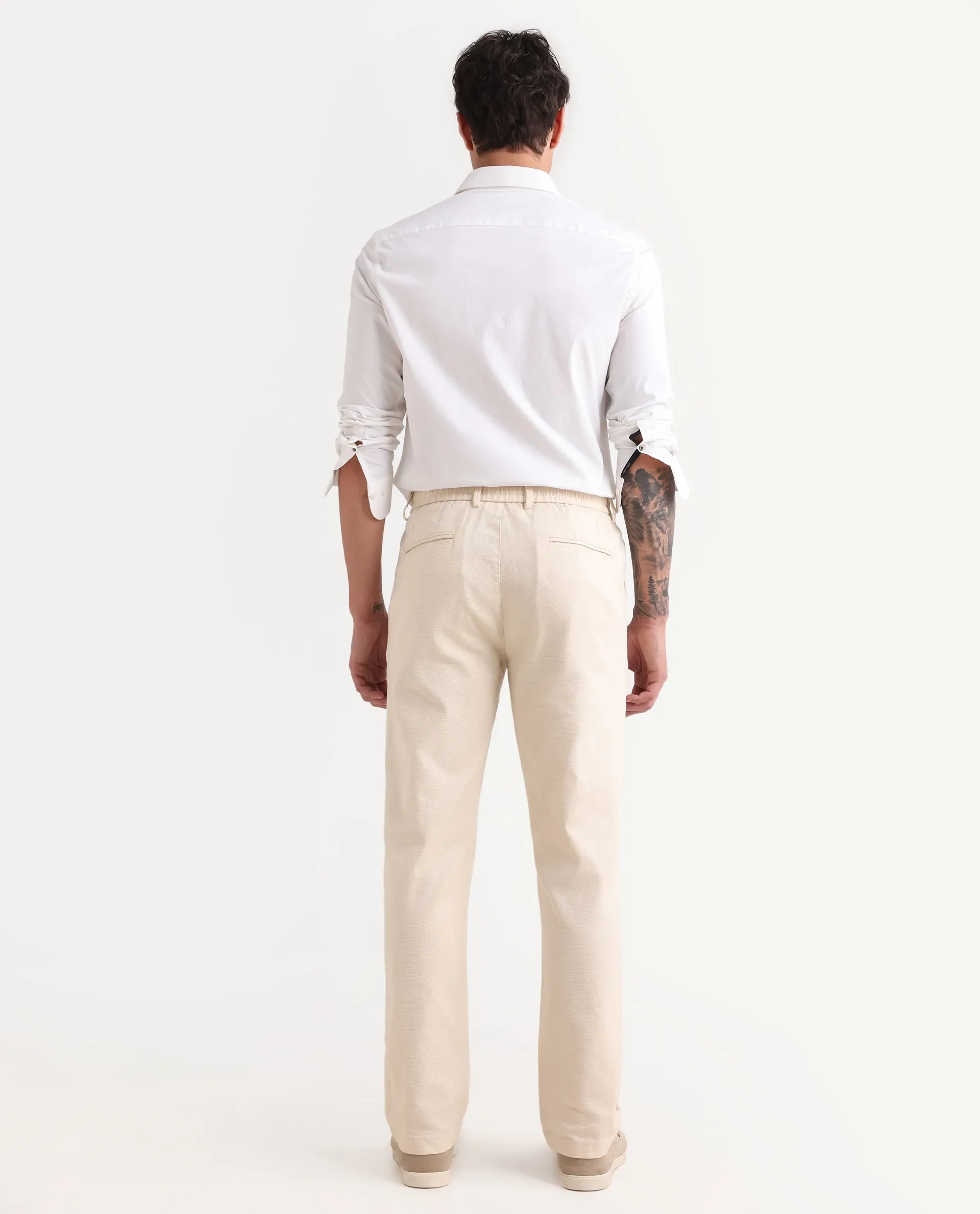 Rare Rabbit Men's Oros Light Beige Cotton Blend Fabric Regular Fit Plain Trouser - Image 8