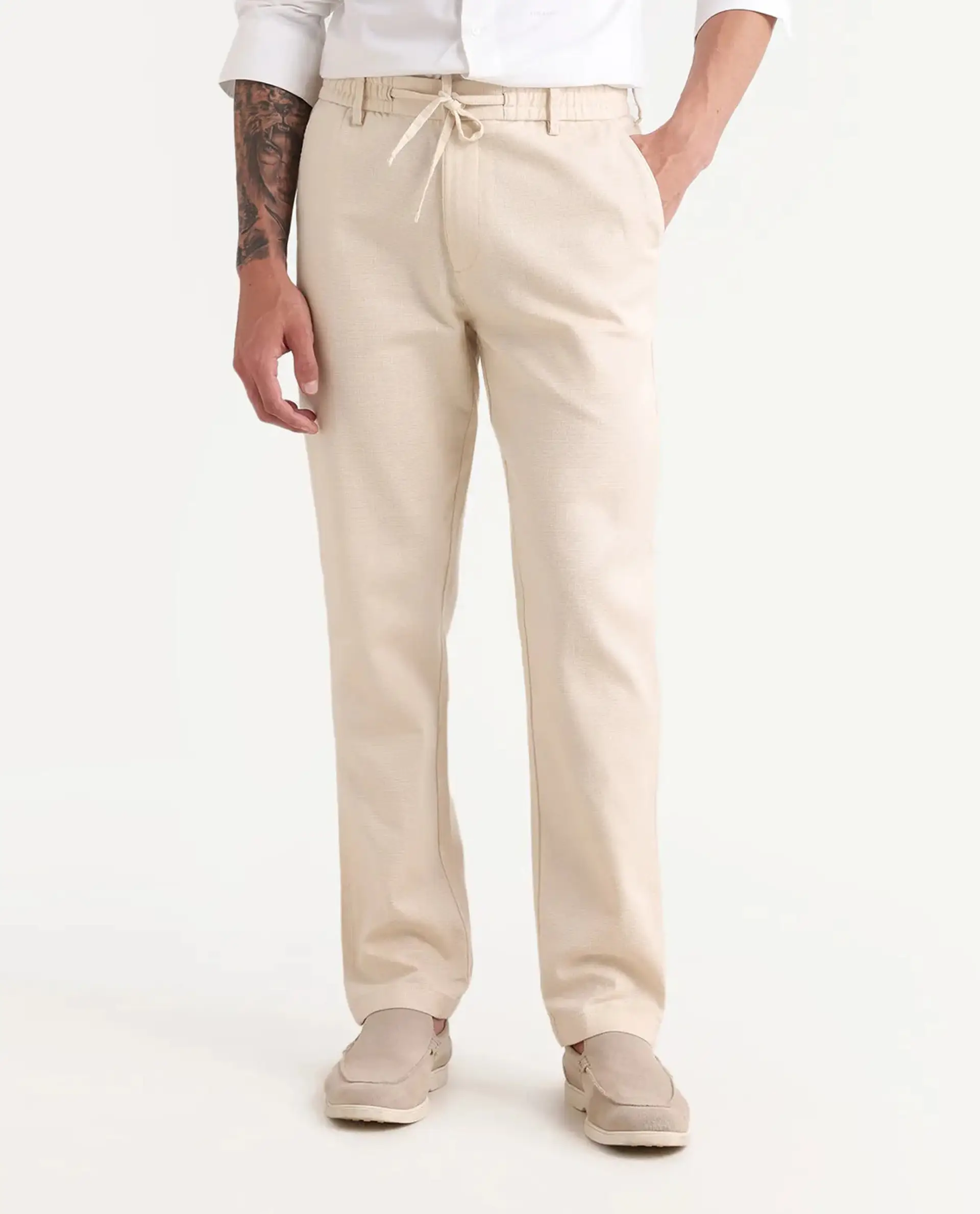 Rare Rabbit Men's Oros Light Beige Cotton Blend Fabric Regular Fit Plain Trouser - Image 9