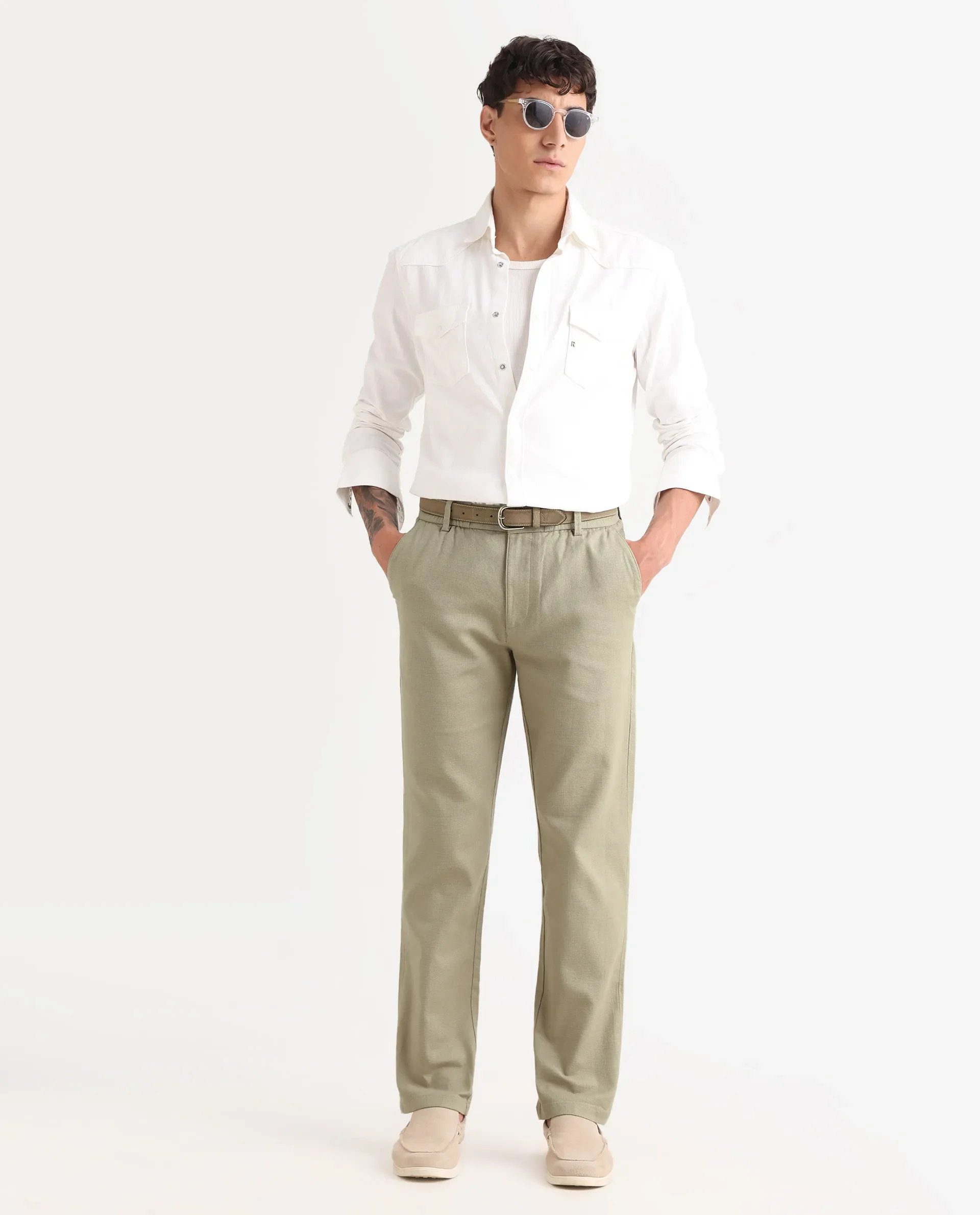 Rare Rabbit Men's Oros Light Olive Cotton Blend Fabric Regular Fit Plain Trouser