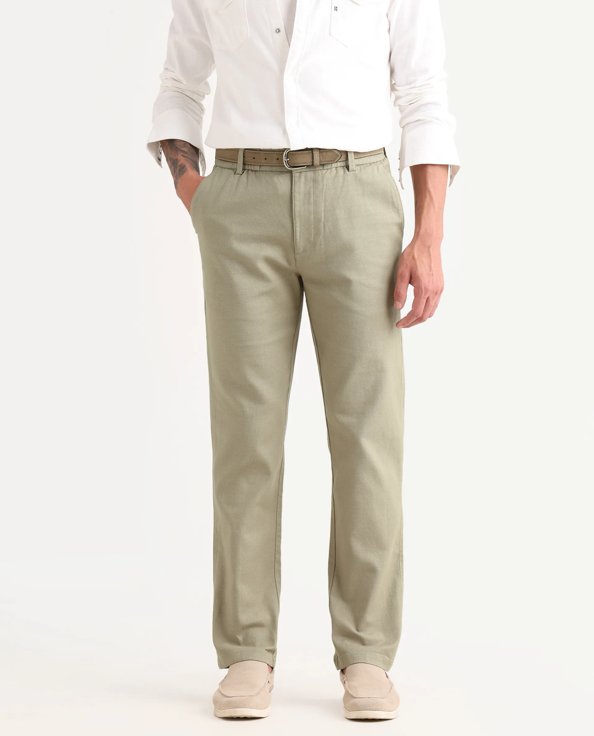 Rare Rabbit Men's Oros Light Olive Cotton Blend Fabric Regular Fit Plain Trouser - Image 2